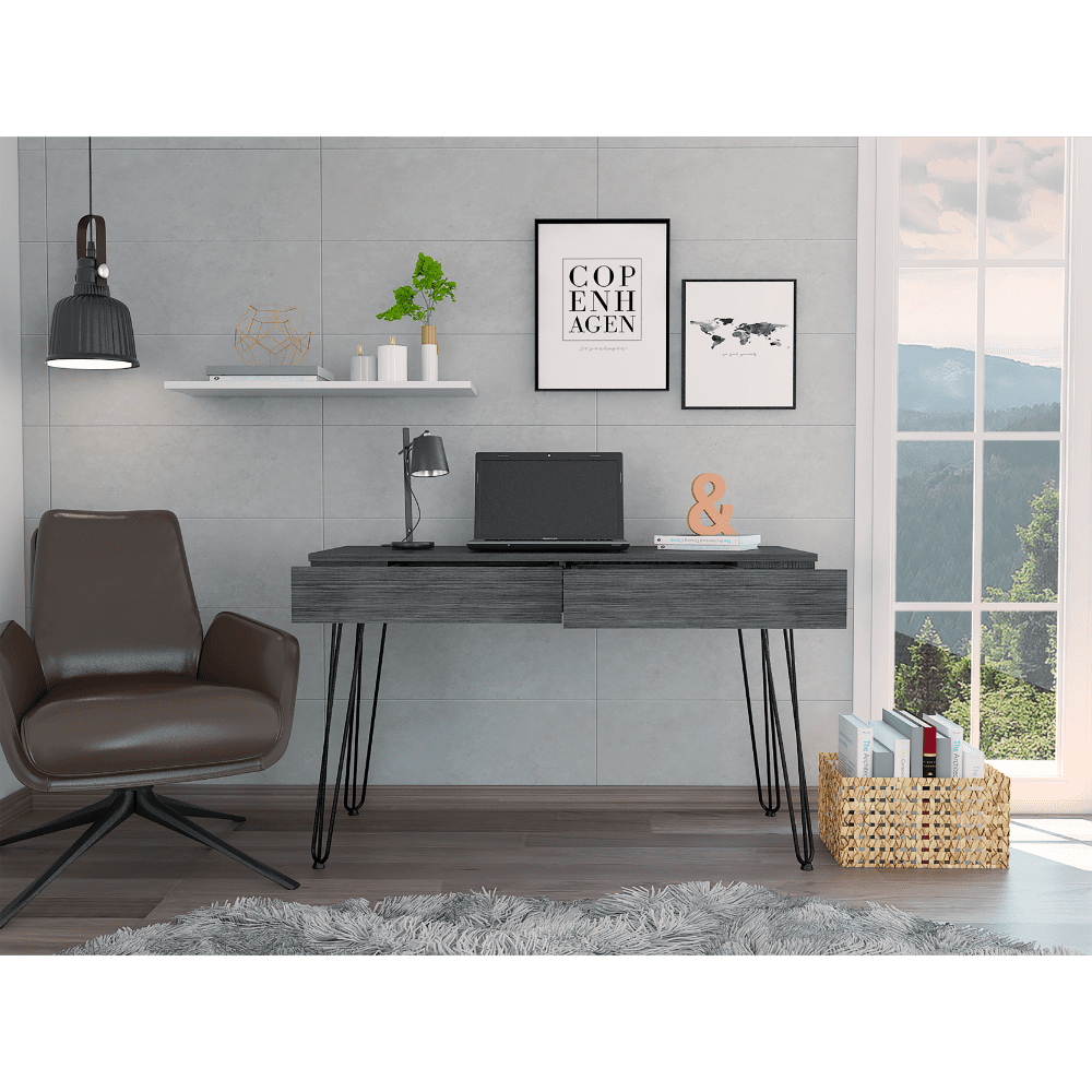 Gray Oak Writing Desk with Hairpin Legs and Drawers