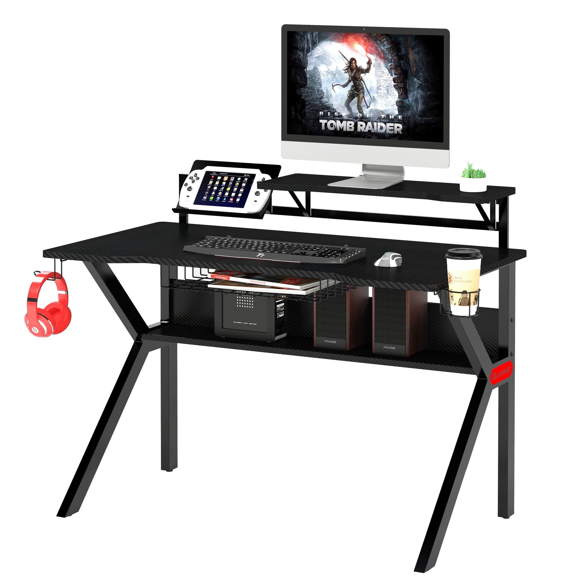 PVC Coated Ergonomic Gaming Desk with Open Storage Shelf & K-Shape Legs - The Urban Port