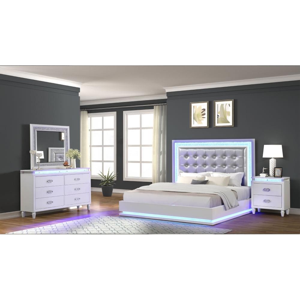 DeeHome Passion Queen 4 Pc LED Bedroom Set Made with Wood in Milky white