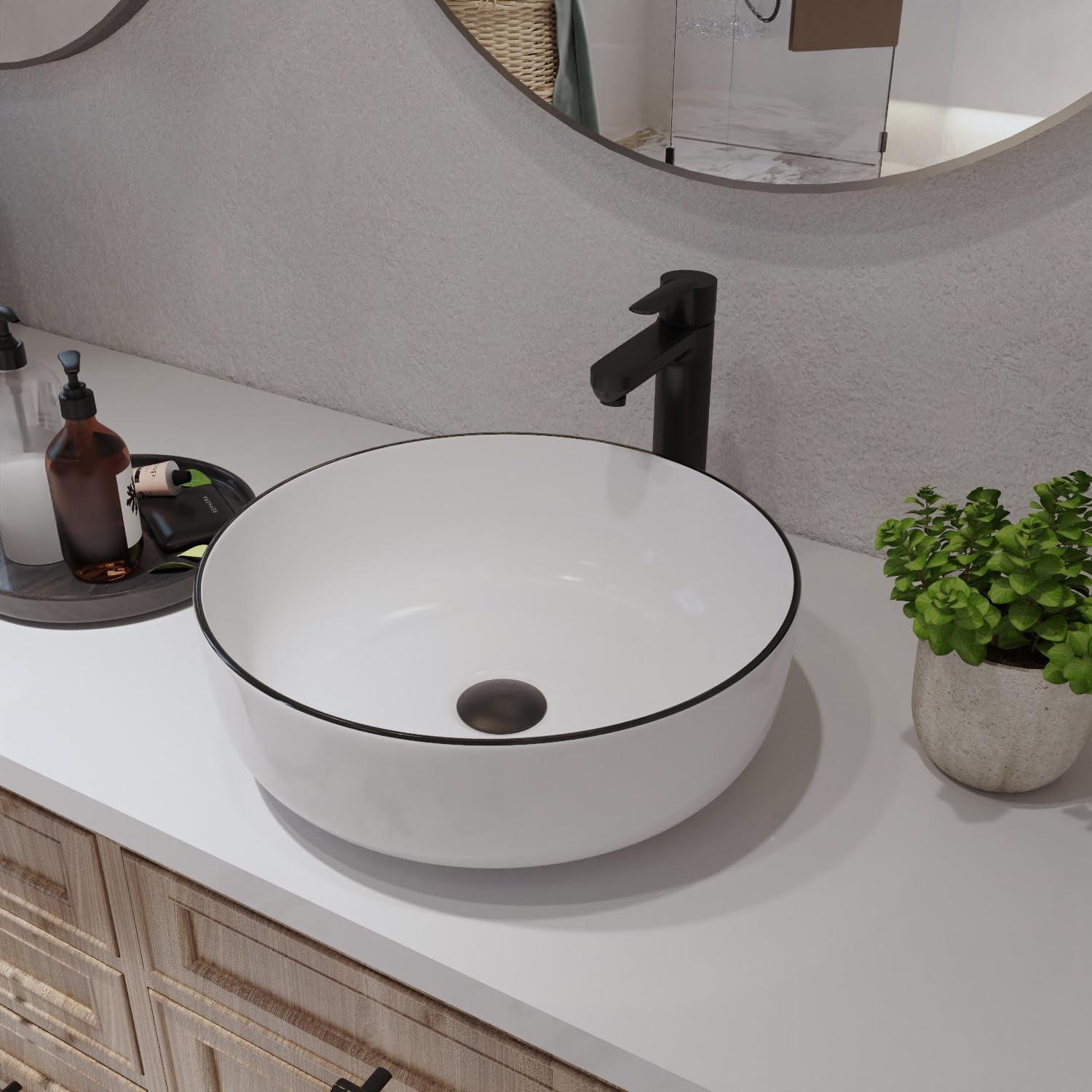 DeerValley Symmetry 16'' Circular White/Black Ceramic Vessel Bathroom Sink