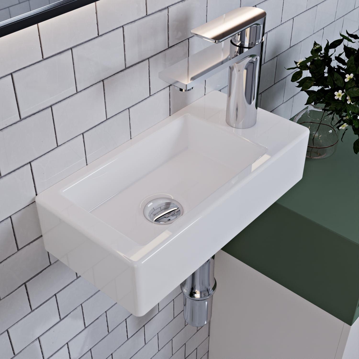 White Ceramic Rectangular Wall Mount Bathroom Sink