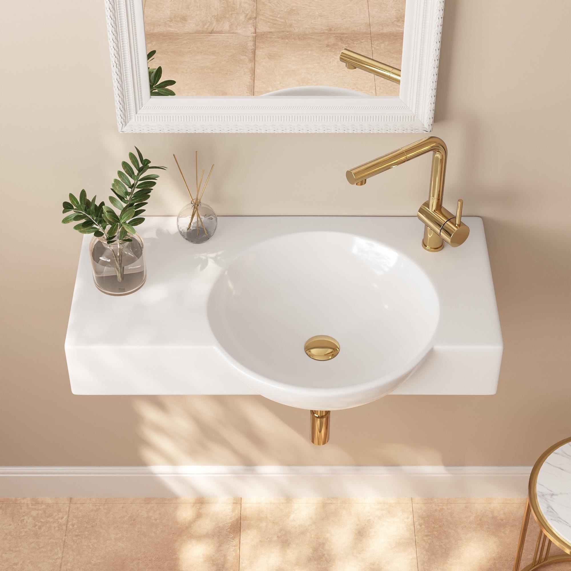 30'' White Ceramic Wall-Mount Bathroom Sink with Faucet Hole