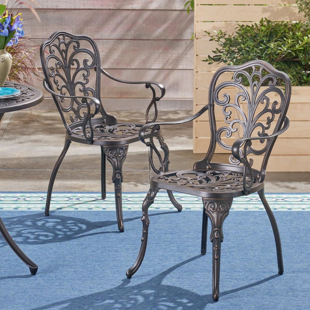 Deka Outdoor Cast Aluminum Dining Chairs, Set of 2, Shiny Copper