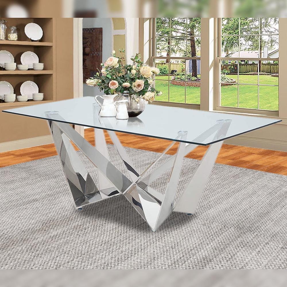 Rectangular Clear Glass Dining Table with Stainless Steel X-Base