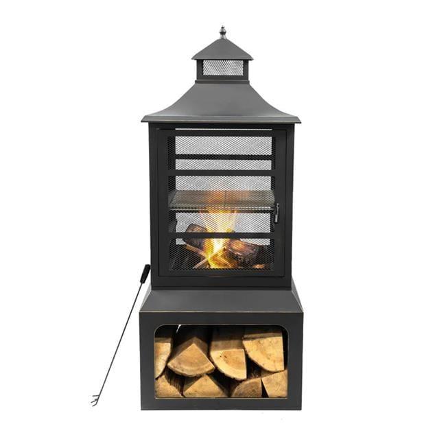 Deko Living Deko Living 26" Square Outdoor Steel Wood Burning Fireplace with Cast Iron Cooking Grill, Log Storage and Poker