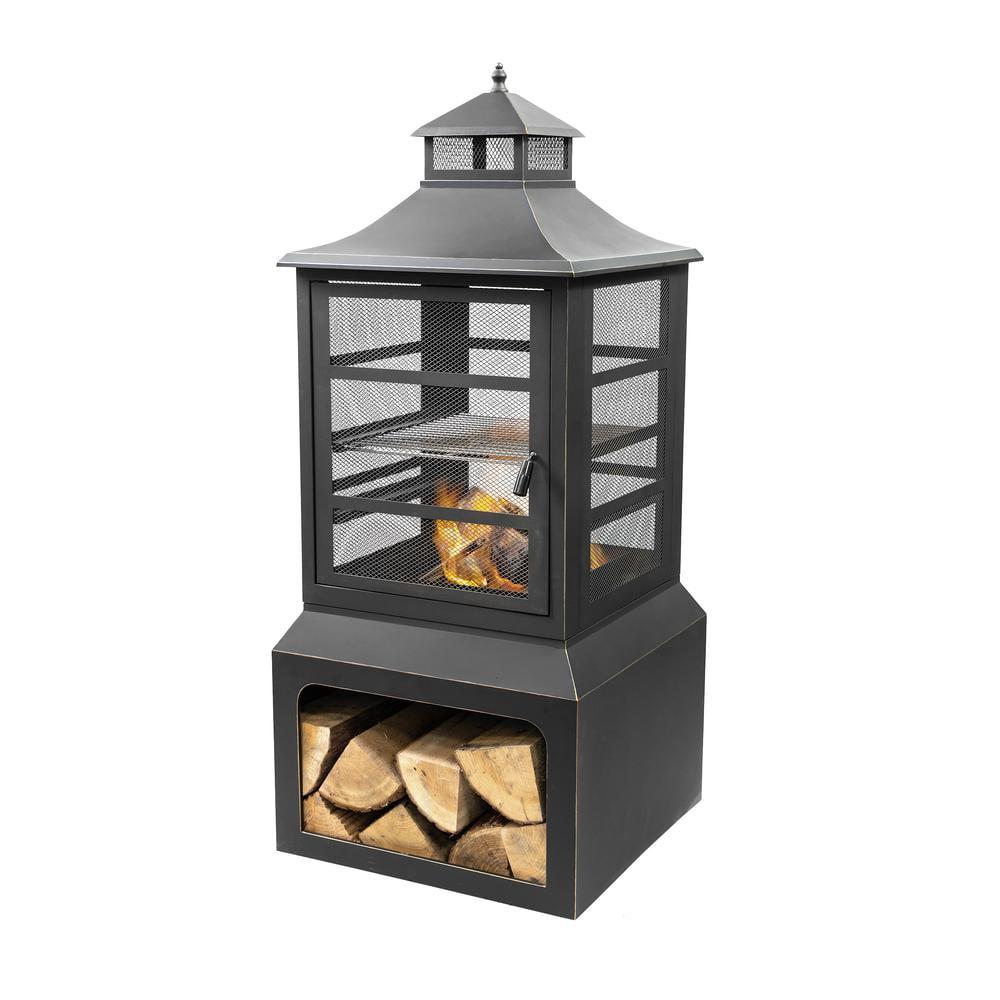 Deko Living Deko Living 26" Square Outdoor Steel Wood Burning Fireplace with Cast Iron Cooking Grill, Log Storage and Poker