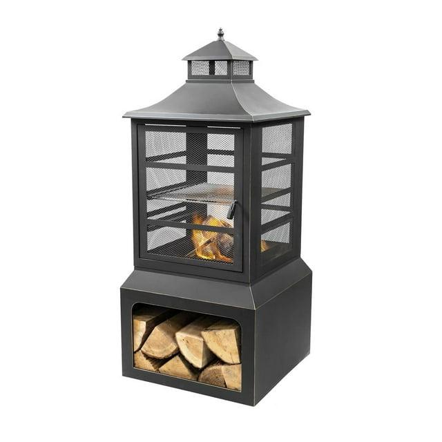 Deko Living Deko Living 26" Square Outdoor Steel Wood Burning Fireplace with Cast Iron Cooking Grill, Log Storage and Poker