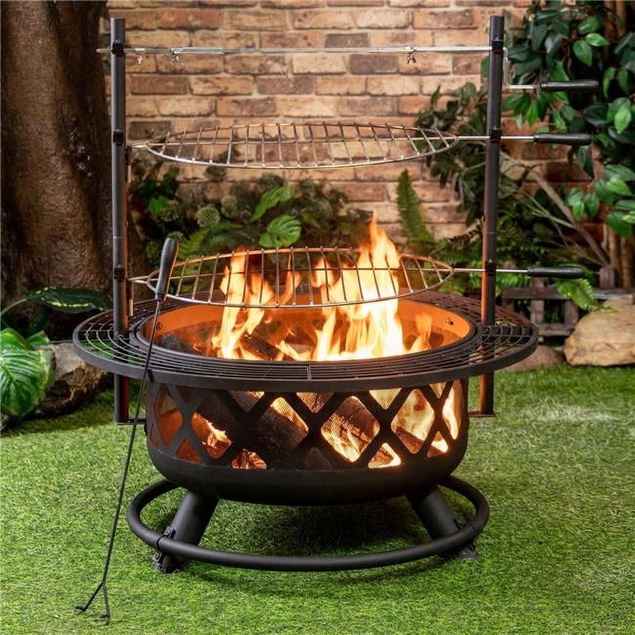 Black Steel Woodburning Fire Pit Table with Grill and Rotisserie