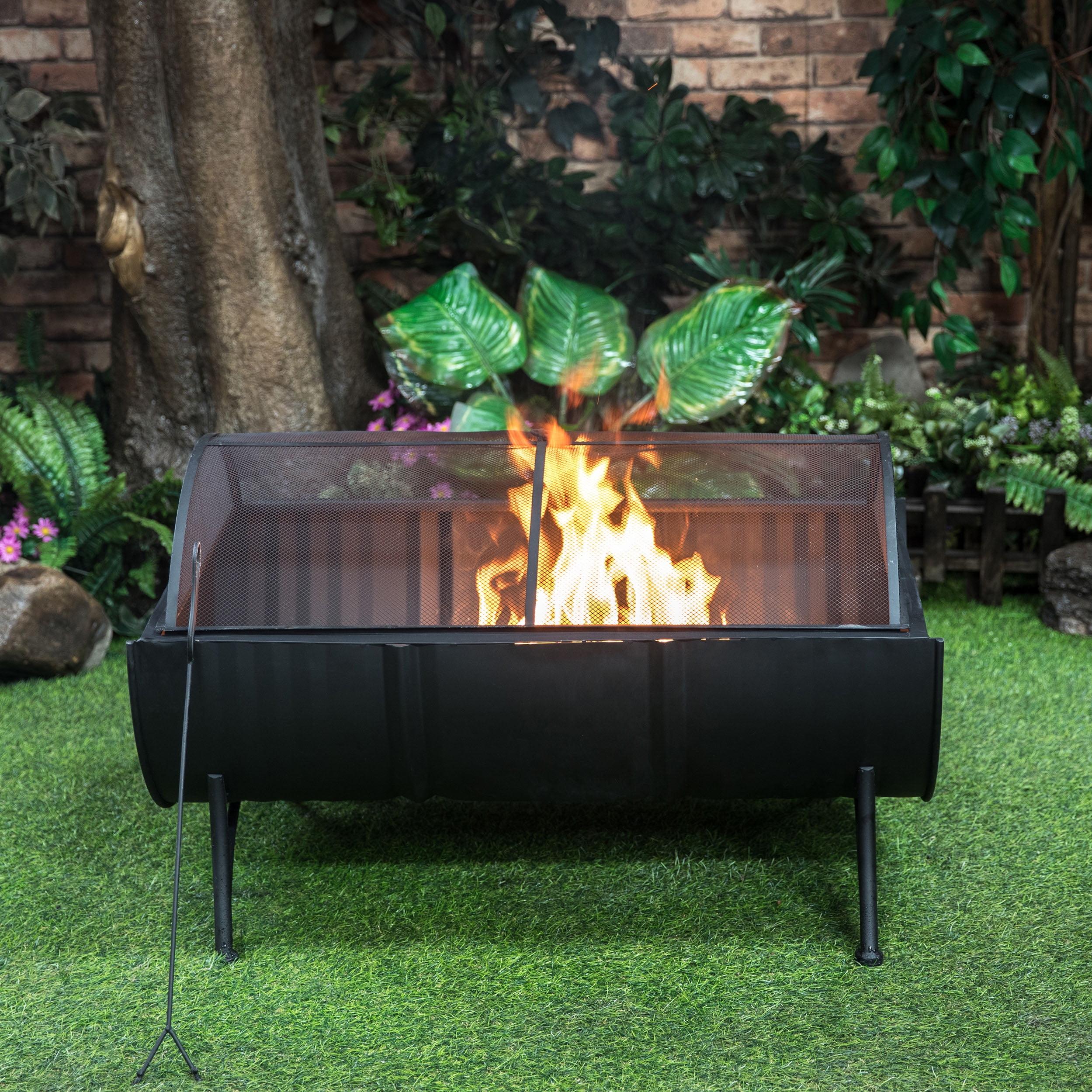 Deko Living 35 Inch Rectangular Outdoor Metal Wood Burning Barrel Firepit with Screen Lid and Poker