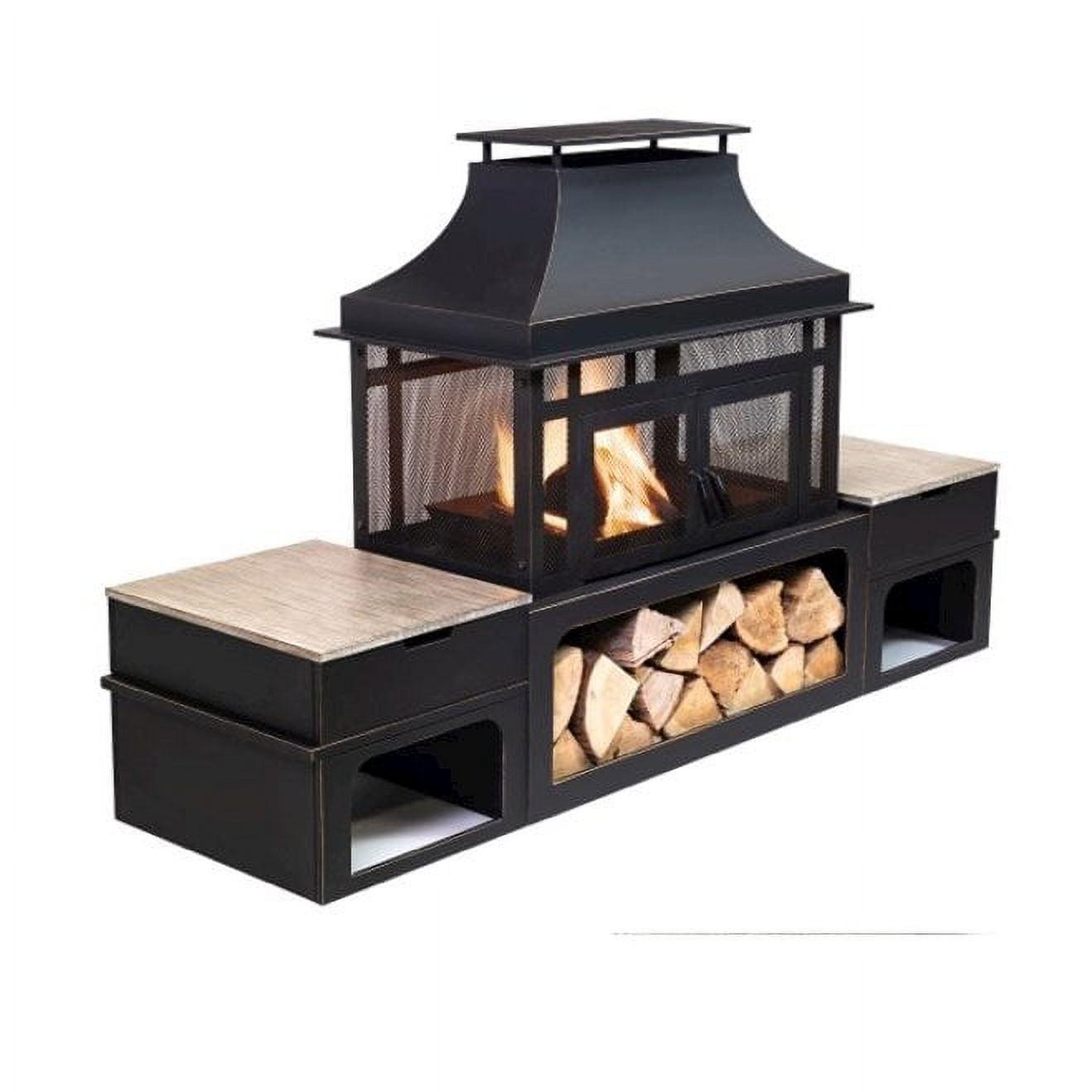 Deko Living Rimasco 80 Inch Rectangular Outdoor Steel Wood Burning Fireplace with Log Storage, Poker and Side Tables