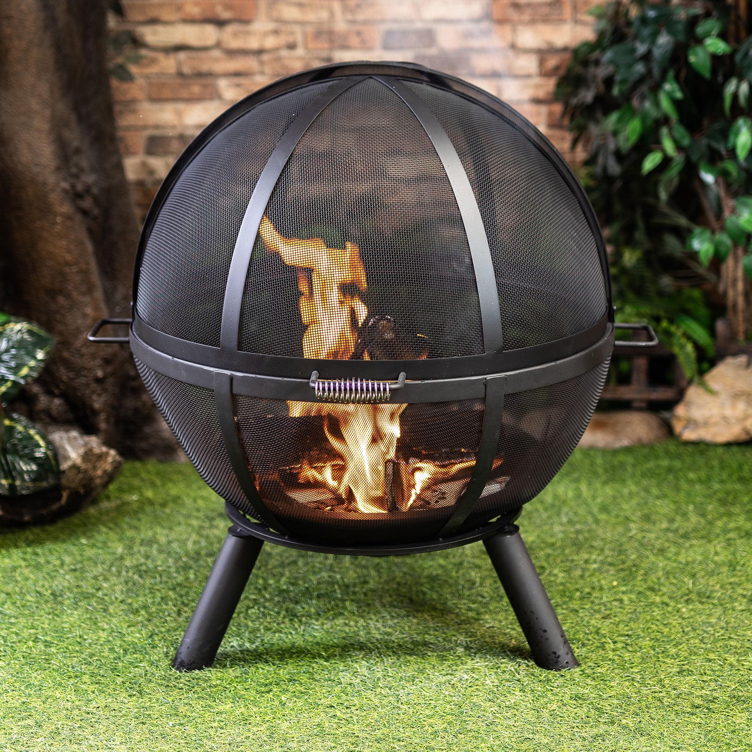 Deko Living 34 Inch Diameter Outdoor Steel Wood Burning Sphere Fire Pit with Screen Lid and Poker