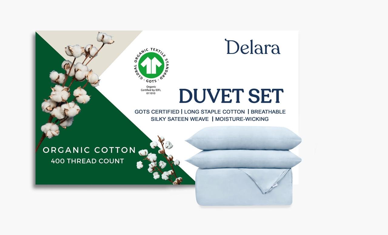 Delara GOTS Certified 100% Organic Cotton Duvet Cover Set 400TC Long Staple Cotton