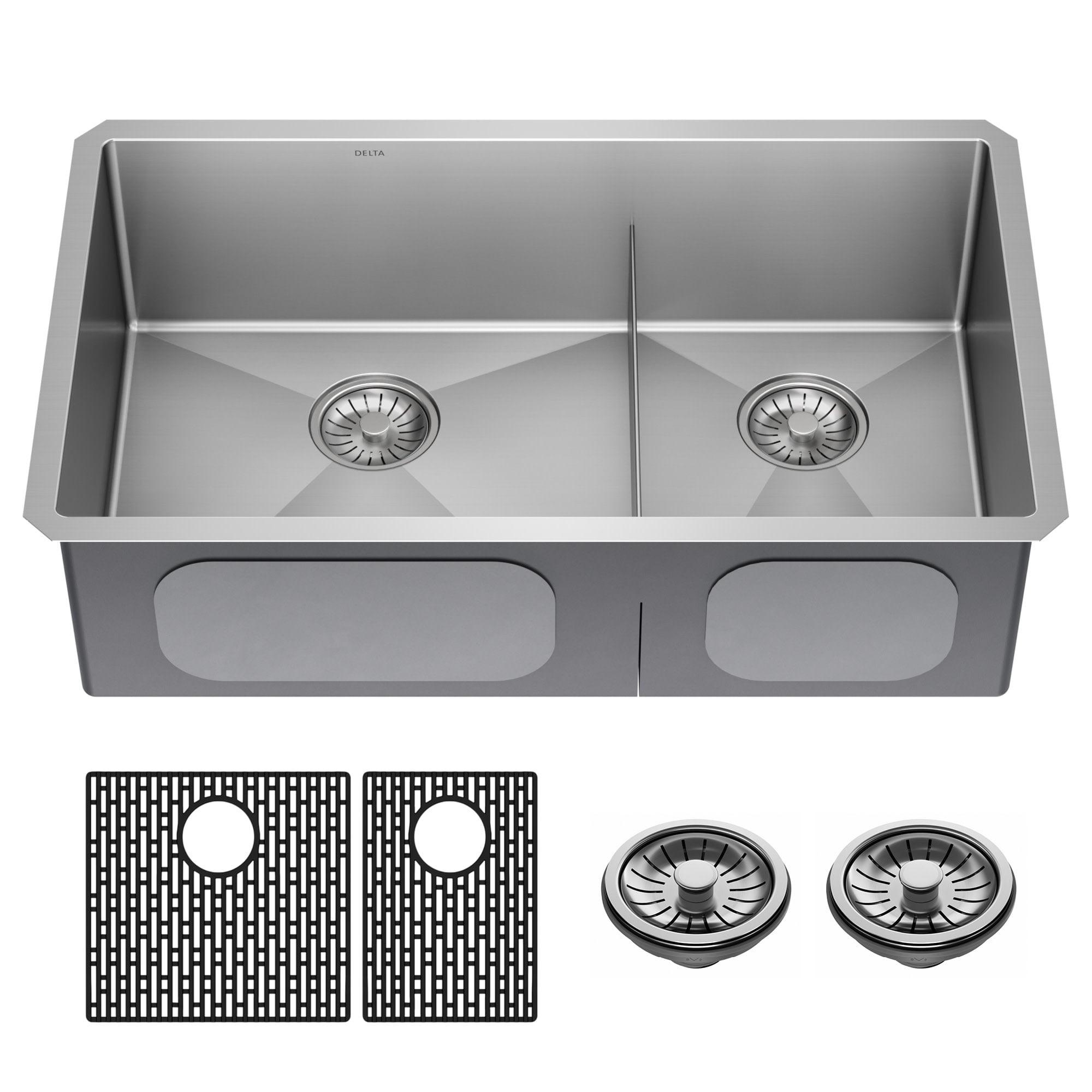 Delta Lenta™ 32" L Undermount 16 Gauge Stainless Steel Double Bowl Kitchen Sink with Accessories