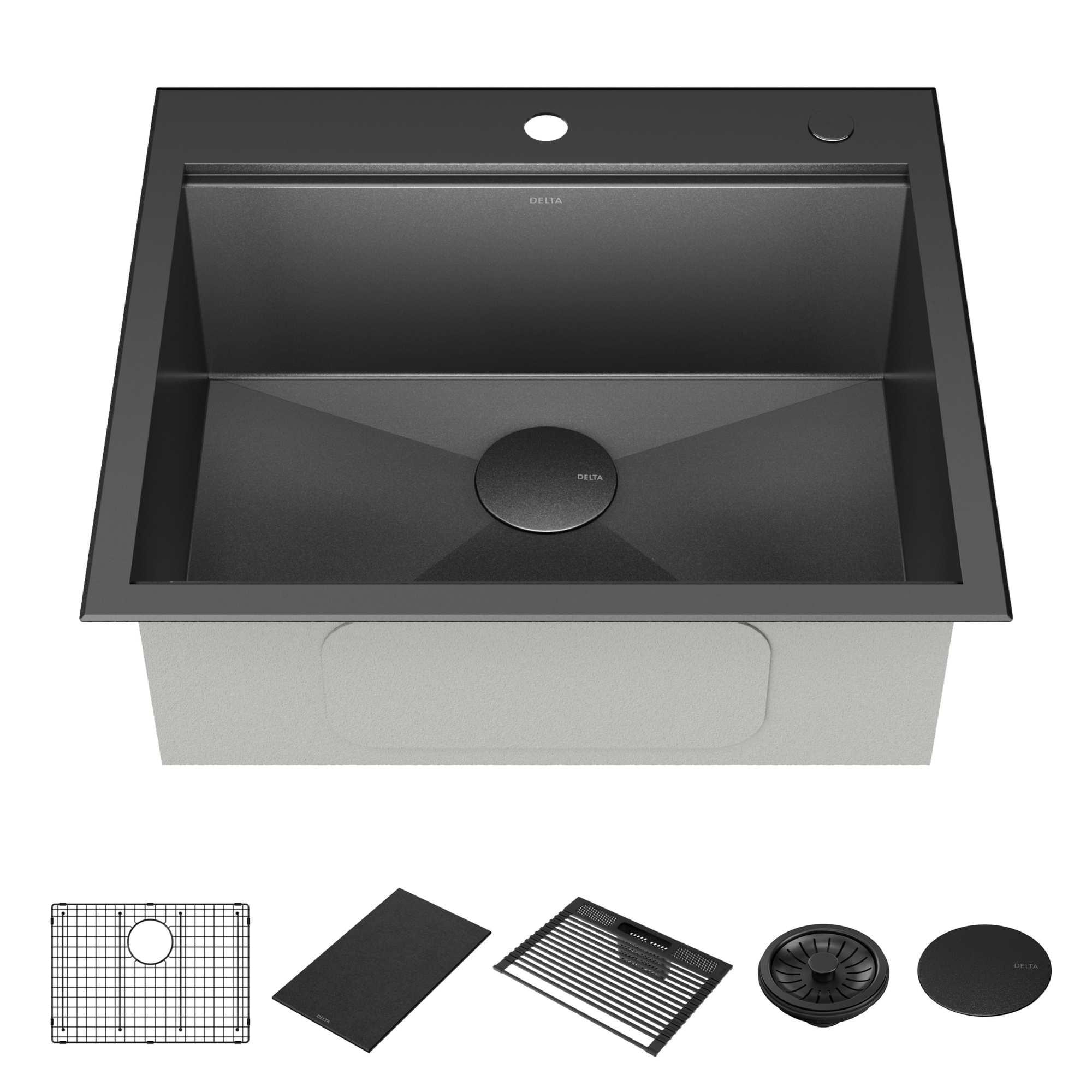 Delta Rivet™ Black Stainless Steel Drop-In Top Mount 16 Gauge Workstation Kitchen Sink Single Bowl