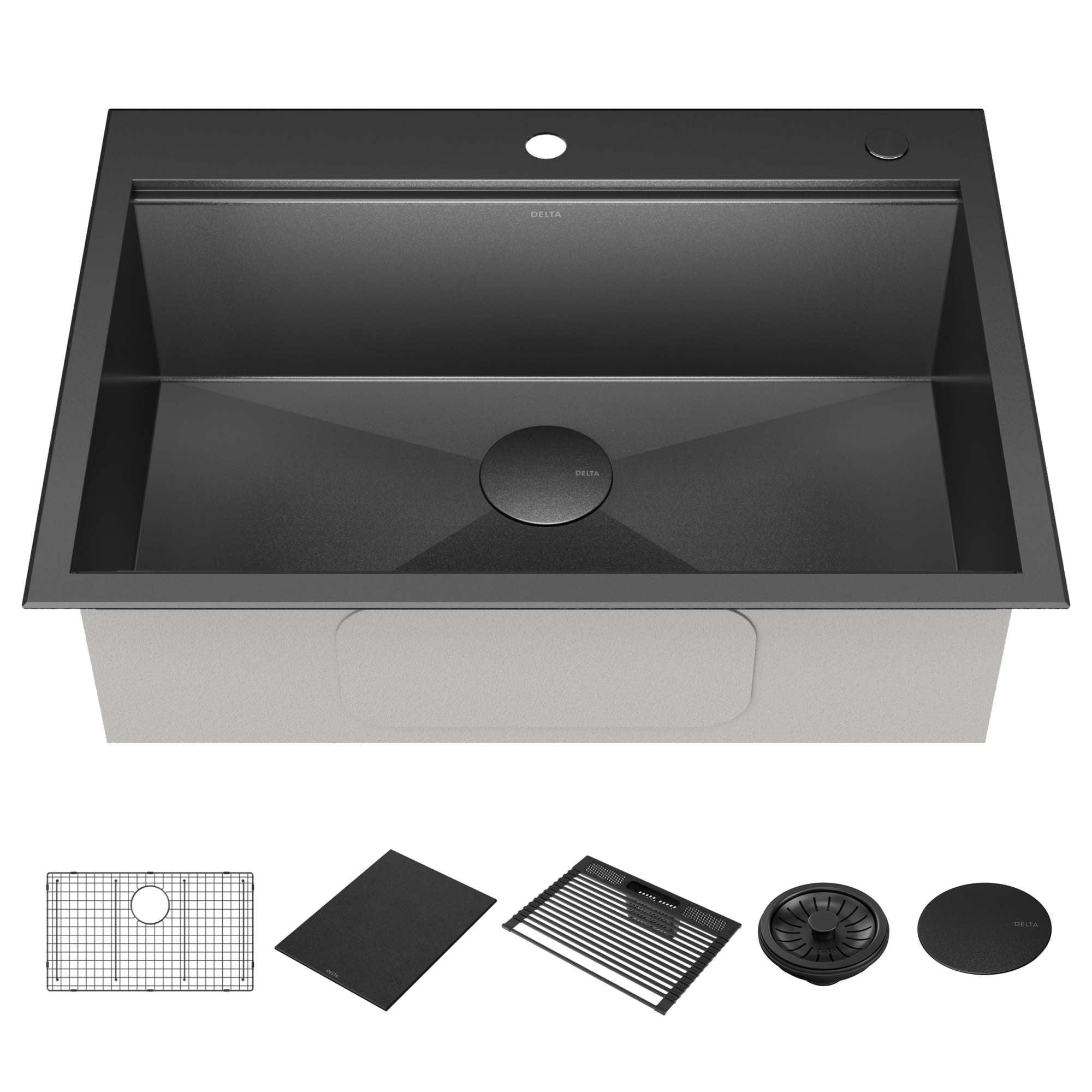 Delta Rivet™ Black Stainless Steel Drop-In Top Mount 16 Gauge Workstation Kitchen Sink Single Bowl