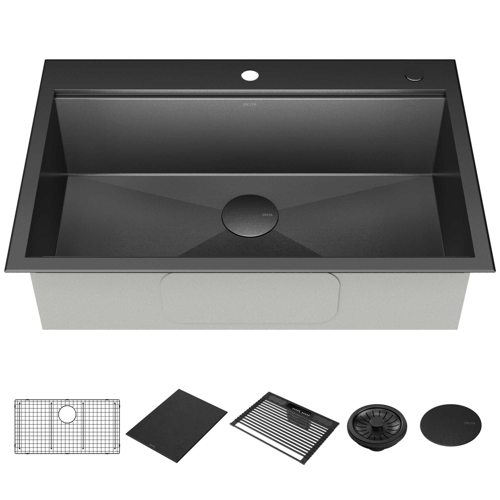 Delta Rivet™ Black Stainless Steel Drop-In Top Mount 16 Gauge Workstation Kitchen Sink Single Bowl