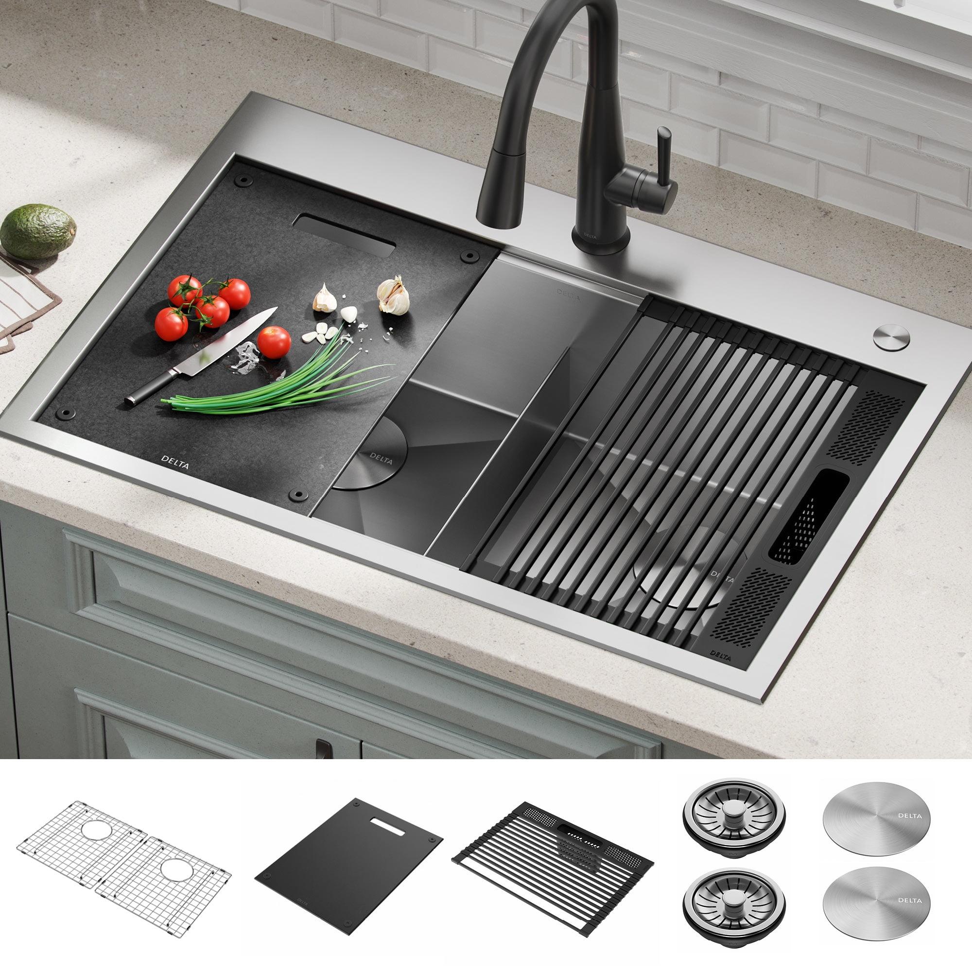 Delta Rivet™ 33" L Workstation Kitchen Sink Drop-In Top Mount 16 Gauge Stainless Steel 50/50 Double Bowl