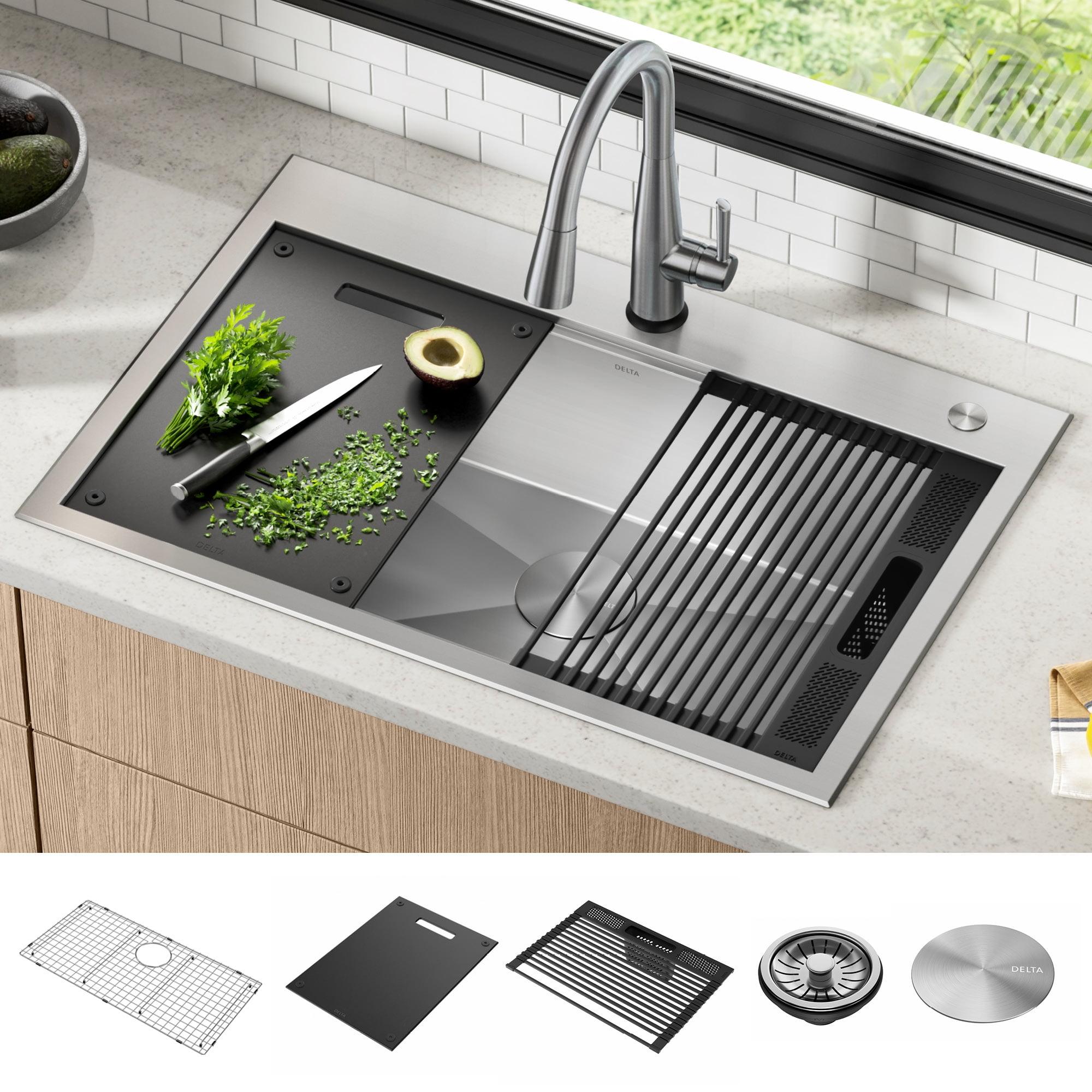 Delta Rivet™ 33" L Workstation Kitchen Sink Drop-In Top Mount 16 Gauge Stainless Steel Single Bowl