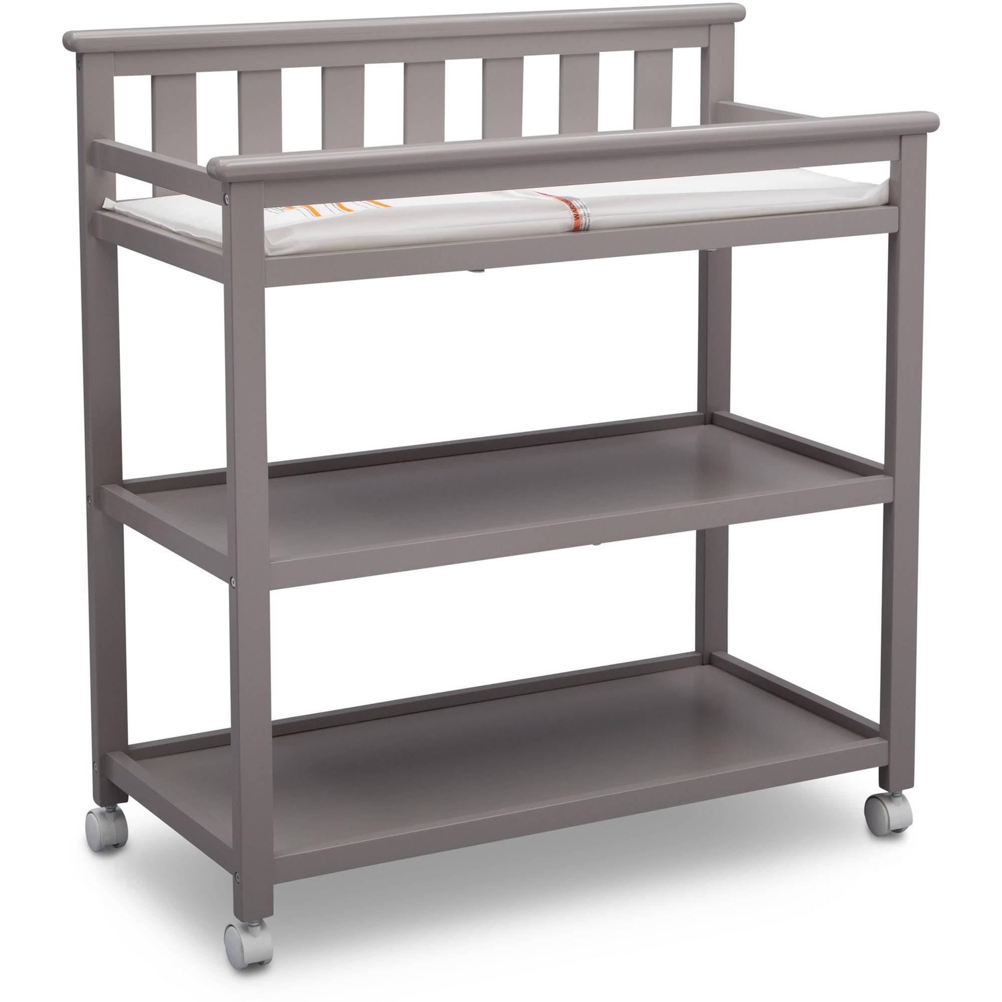 Gray Wood Changing Table with Wheels and Safety Strap