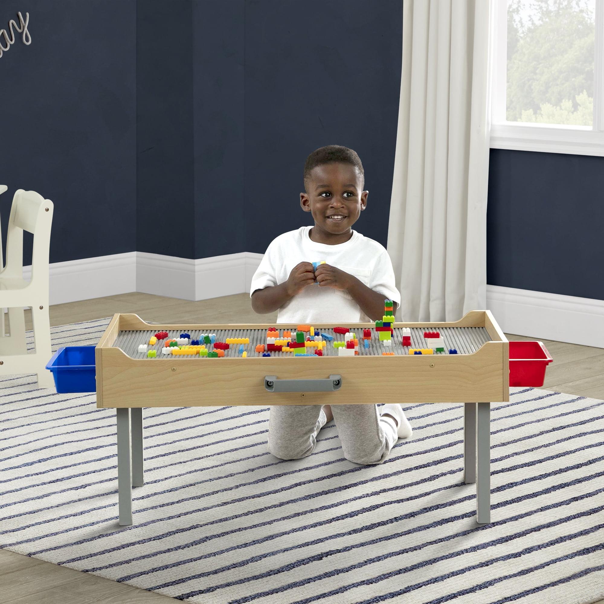 Delta Children Play N Store Building Bricks Play Table with 100+ Play Bricks Included - Large Brick Plate Compatible with LEGO, MegaBlocks & More - Legs Fold for Easy Under Bed Storage, Grey