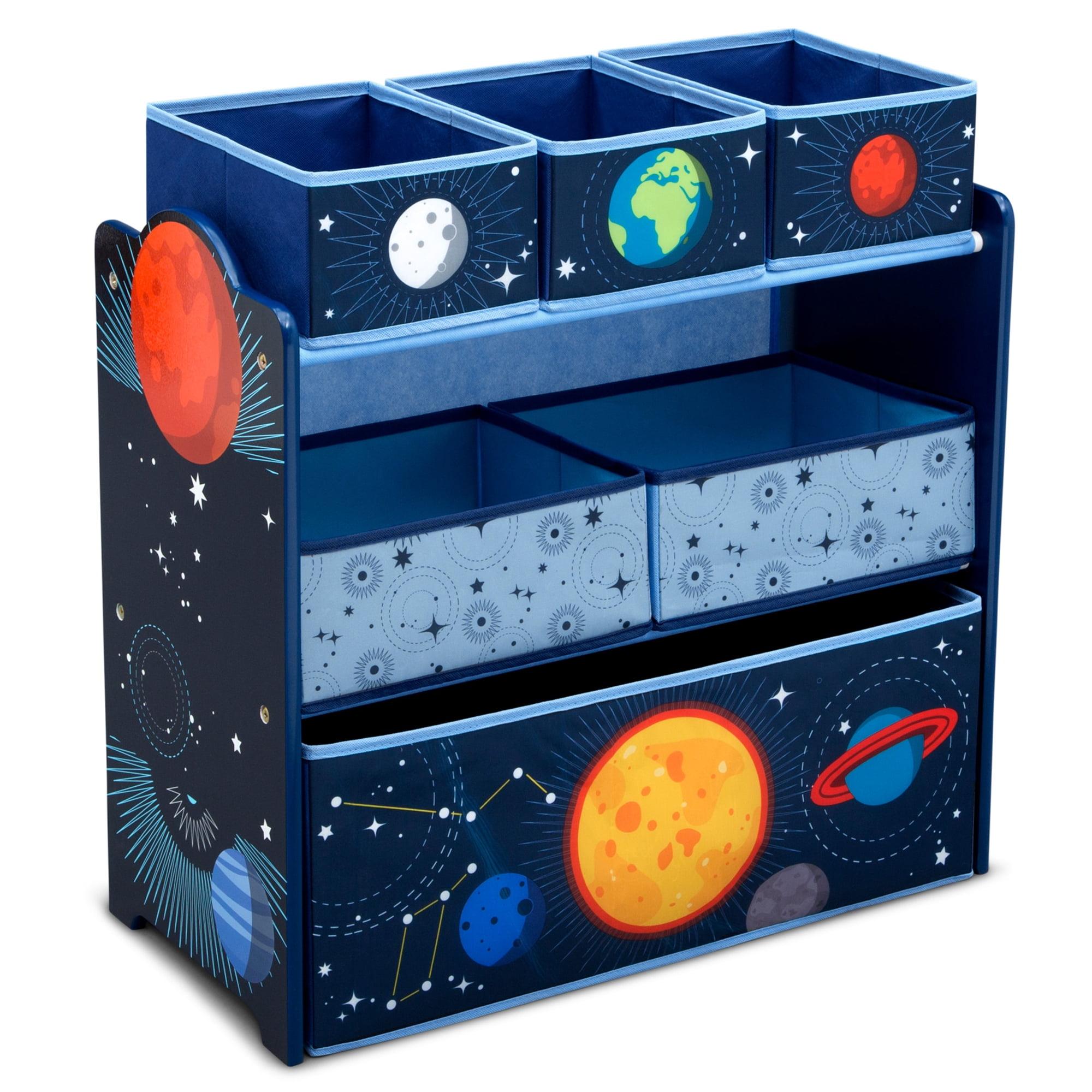 Space Adventures Blue Wooden Toy Organizer with 6 Bins