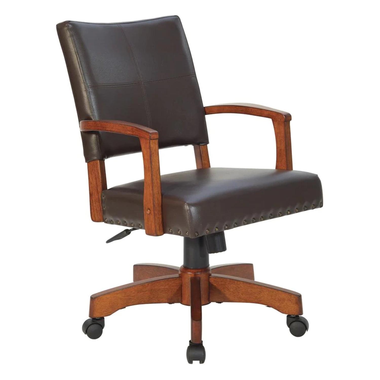 Espresso Leather Swivel Wood Banker Chair with Armrests