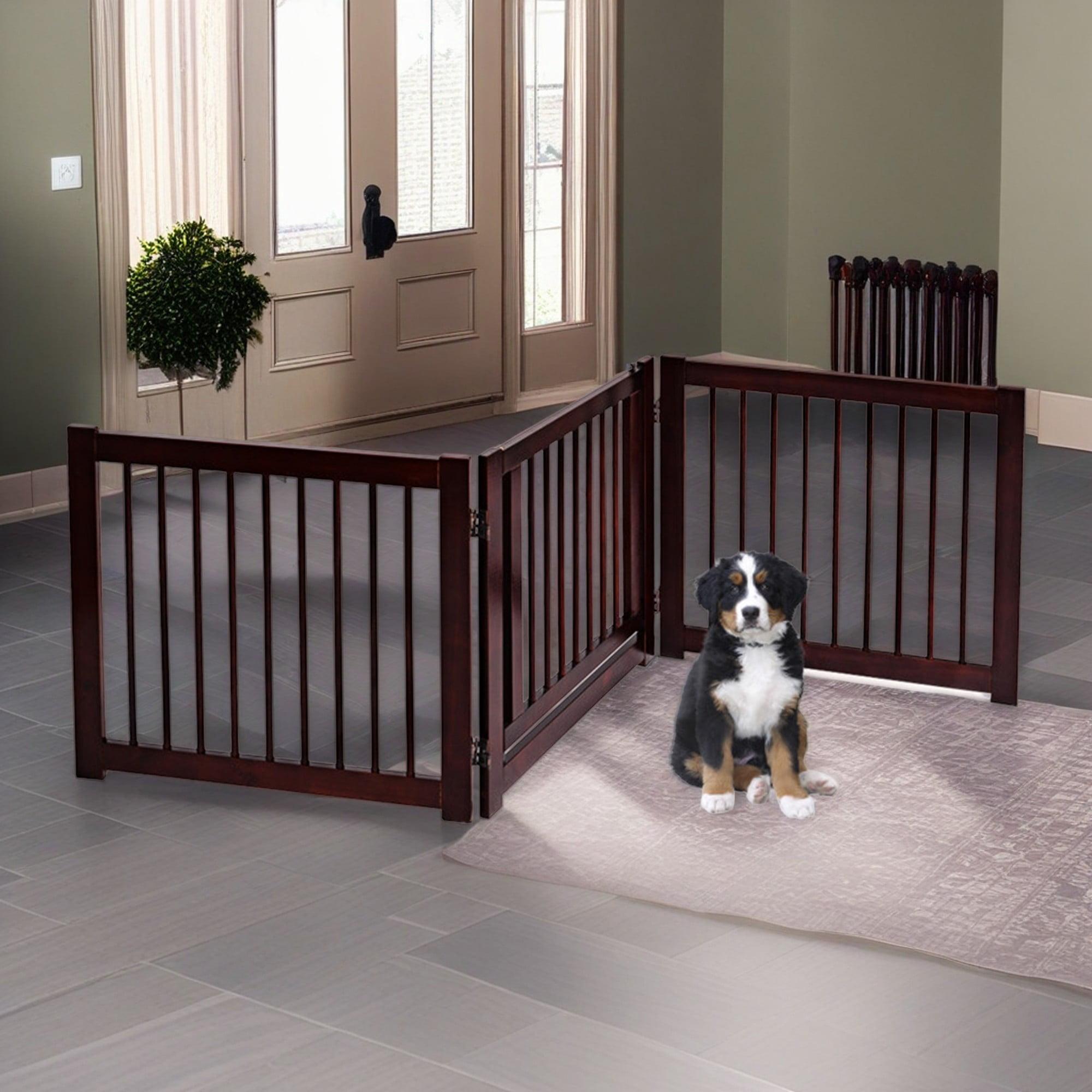 Demi Bonn 24"H 3 Panel Freestanding Pet Gate Wood Folding Dog Fence for Doorways, Stairs Step Over Divider for Dogs and Puppies, Brown