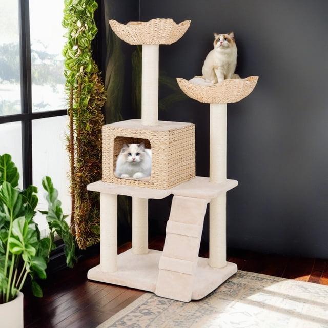 Tangkula 48" Cattail Cat Tower w/ Sisal Scratching Posts Perch Condo Basket Bed Ladder