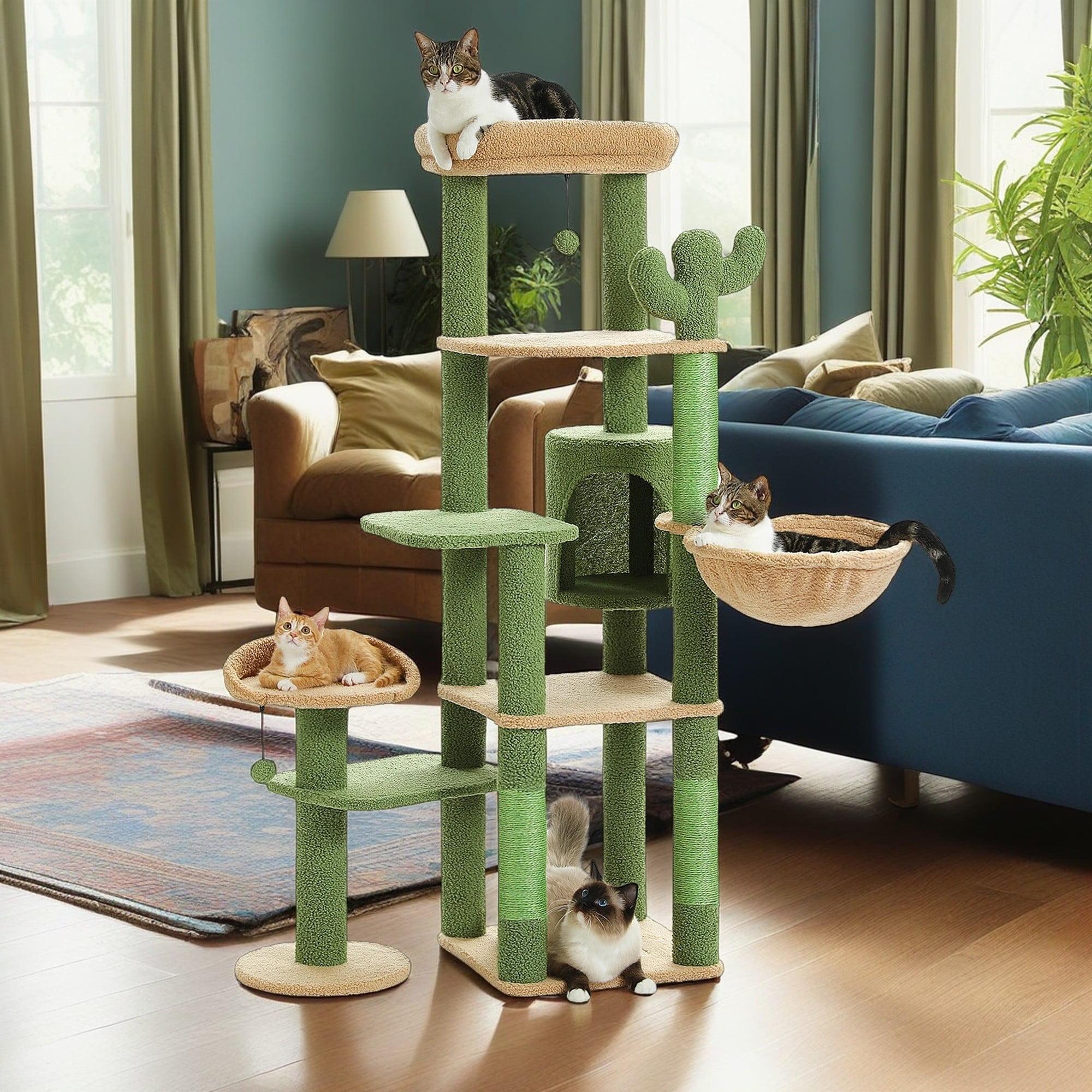 59" Cactus Cat Tree, Large Cat Tree For Indoor Cats, Cat Tower For Large Cats, Multi-Level Cat Tower, Cat Condo With Large Hammock, Scratching Post, And 2 Perches