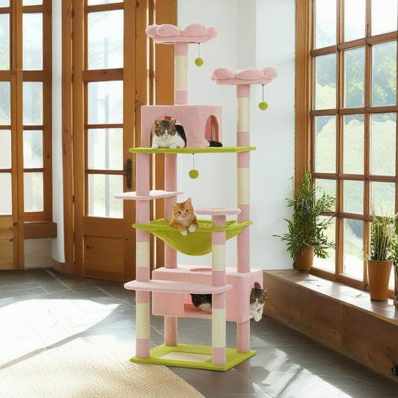 72 Inches Large Cat Tower For Large Cats, Cat Condo With Sisal-Covered Scratching Posts And Pads, 2 Padded Perch, Dual Condo And Basket