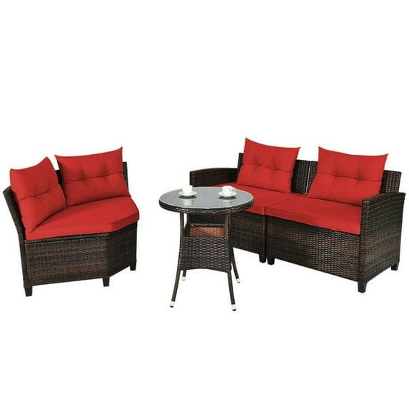 Costway 4PCS Outdoor Patio Rattan Furniture Set Cushioned Sofa Table Red