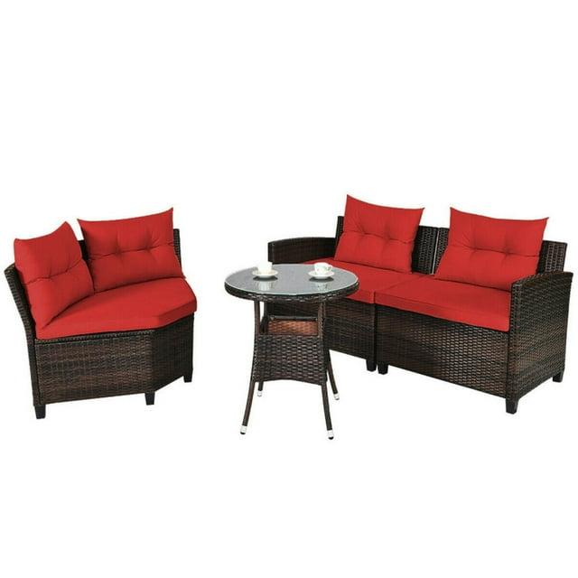 Costway 4PCS Outdoor Patio Rattan Furniture Set Cushioned Sofa Table Red