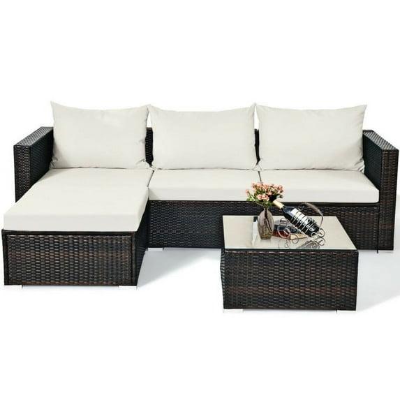 Topcobe 5 Pieces Patio Rattan Sectional Furniture Set with Cushions and Coffee Table, Outdoor Furniture, Off White