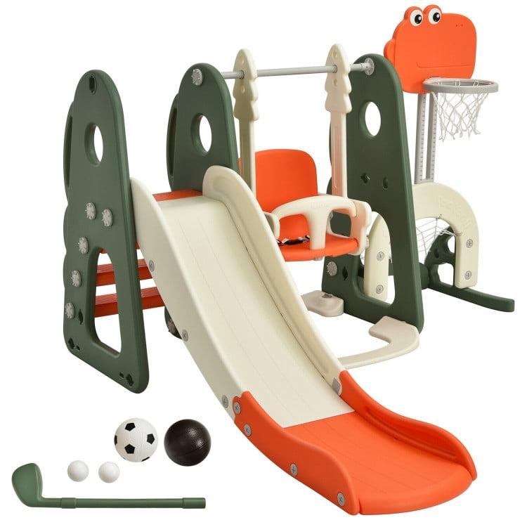 Costway 6 in 1 Toddler Slide and Swing Set Climber Playset w/ Ball Games White\Orange