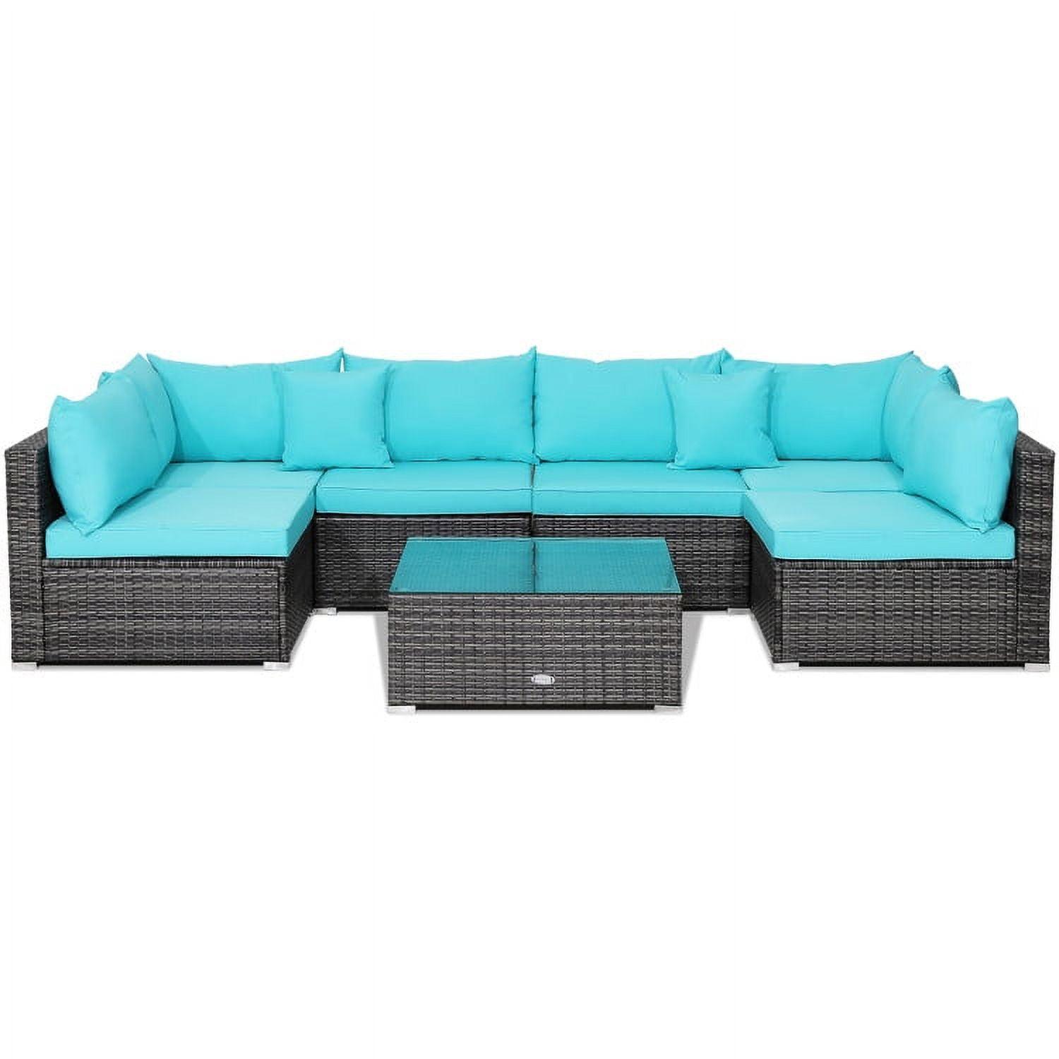 Costway 7PCS Patio Rattan Furniture Set Sectional Sofa Cushioned Turquoise