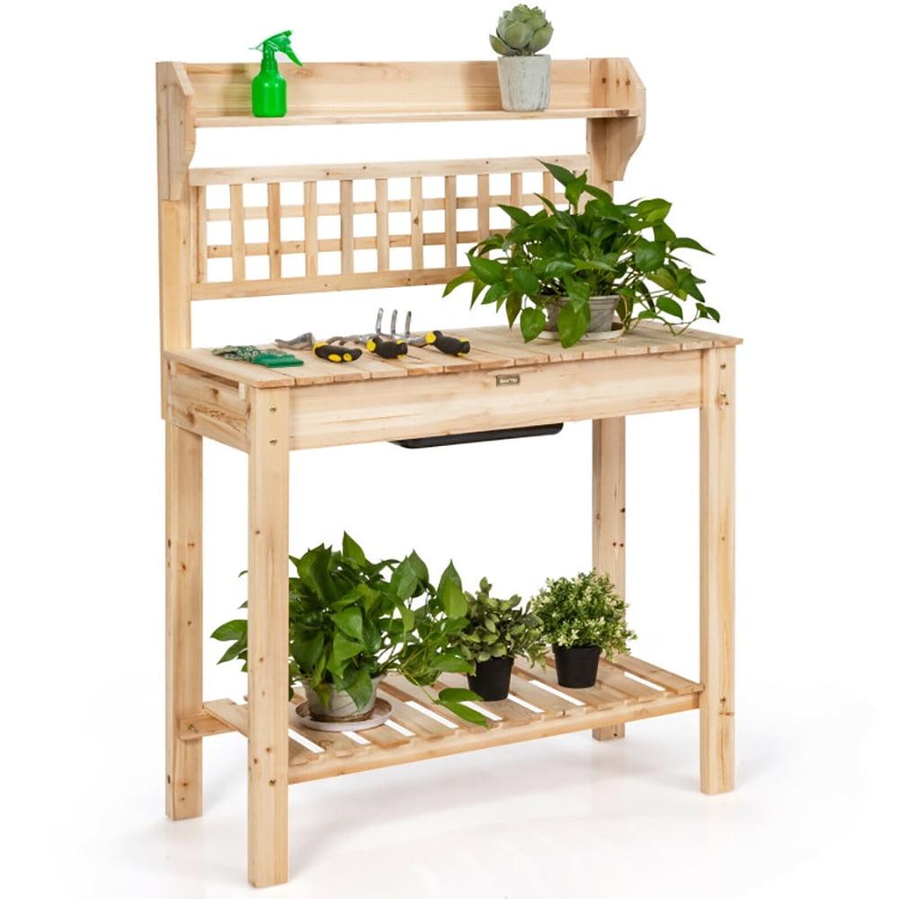 Costway Garden Potting Bench Workstation Table w/Sliding Tabletop Sink Shelves