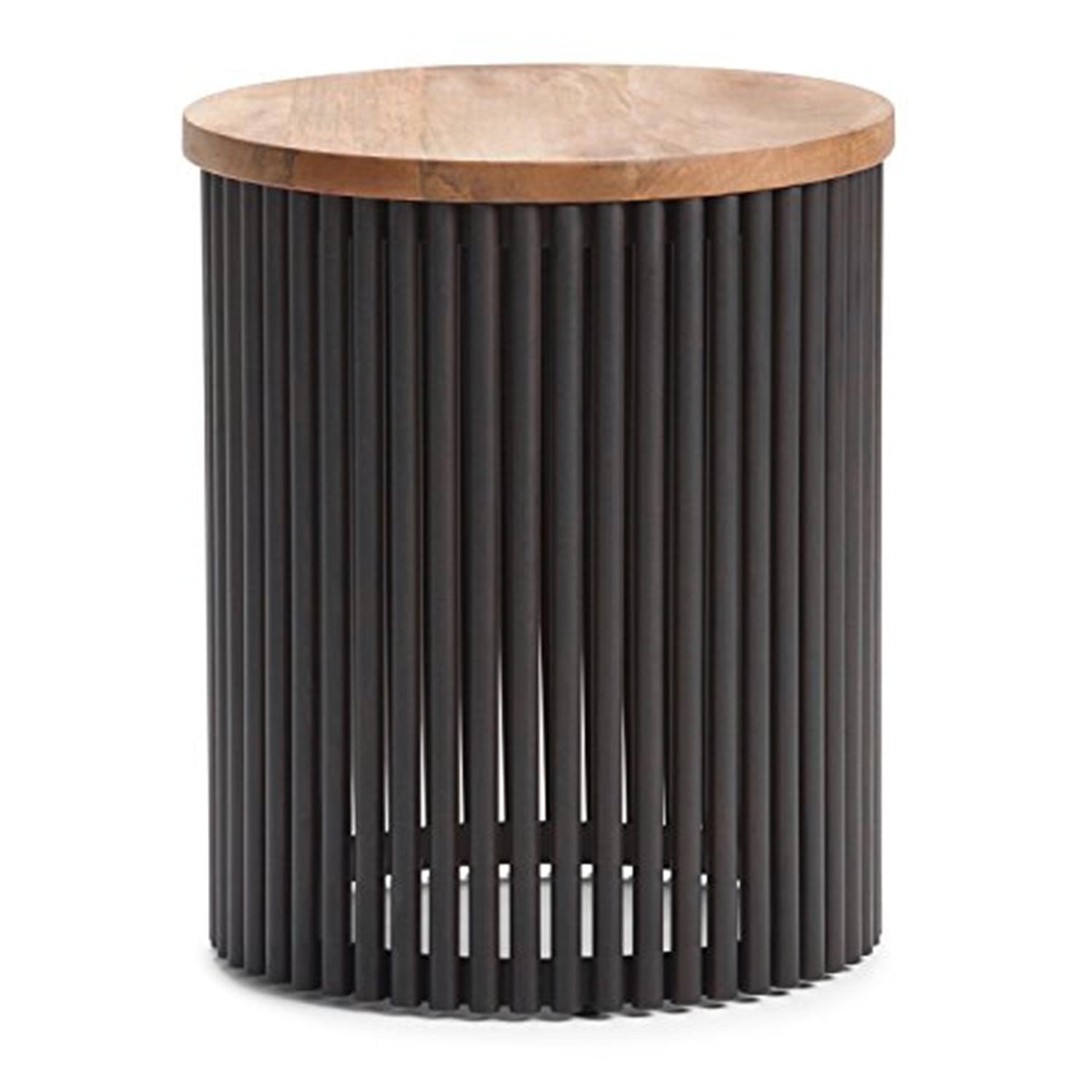 Demy Industrial Round Metal and Wood 18" Accent Side Table in Natural Black