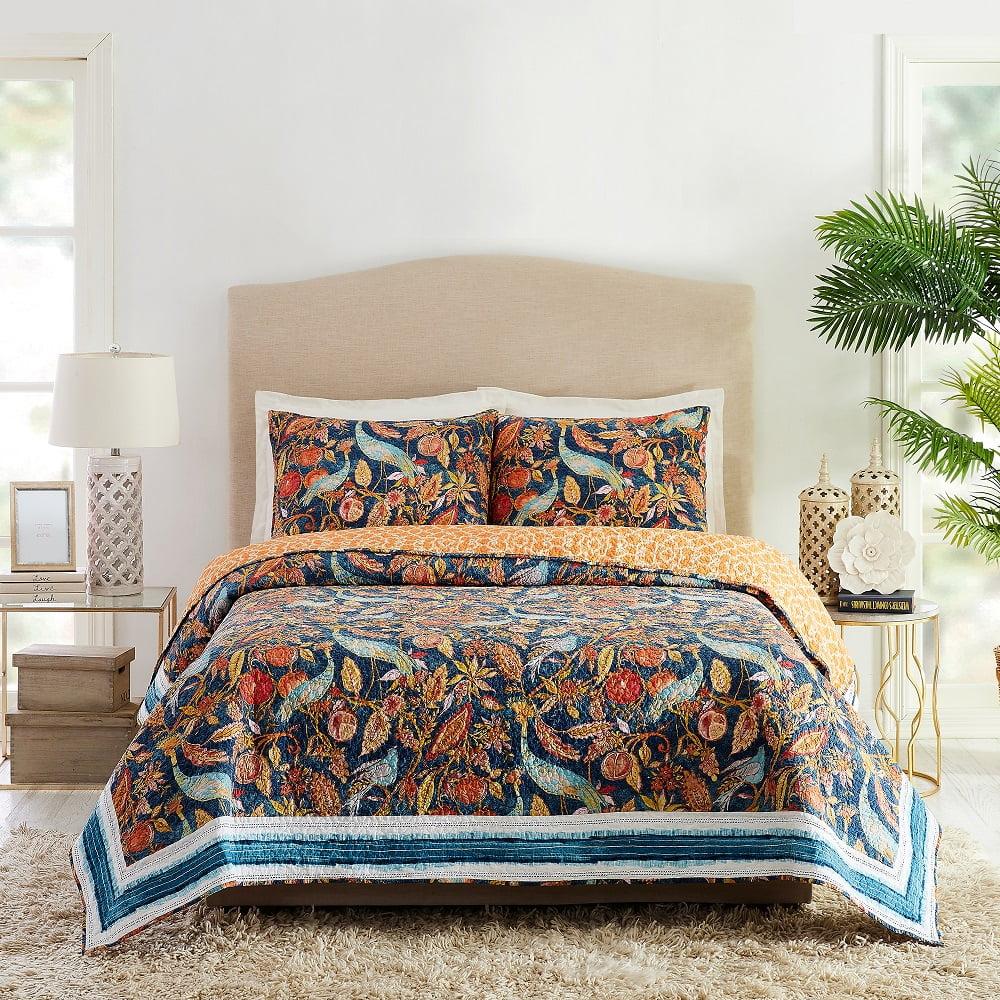 Peacock Garden Quilt & Sham Set Blue/Orange - Dena Home