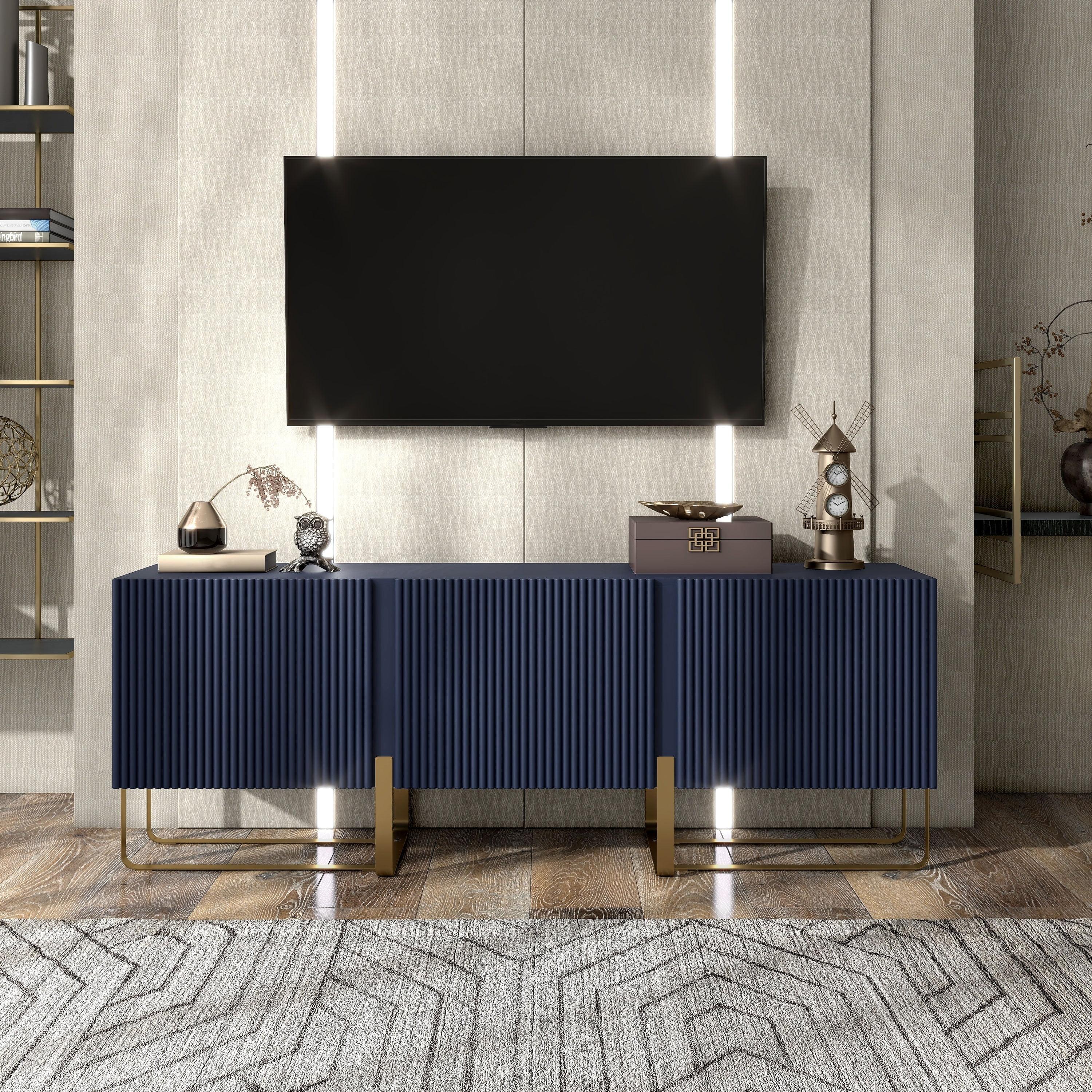 Denhour DH BASIC Modern 60-inch 3-Door Storage TV Stand by  Indigo Blue/Gold