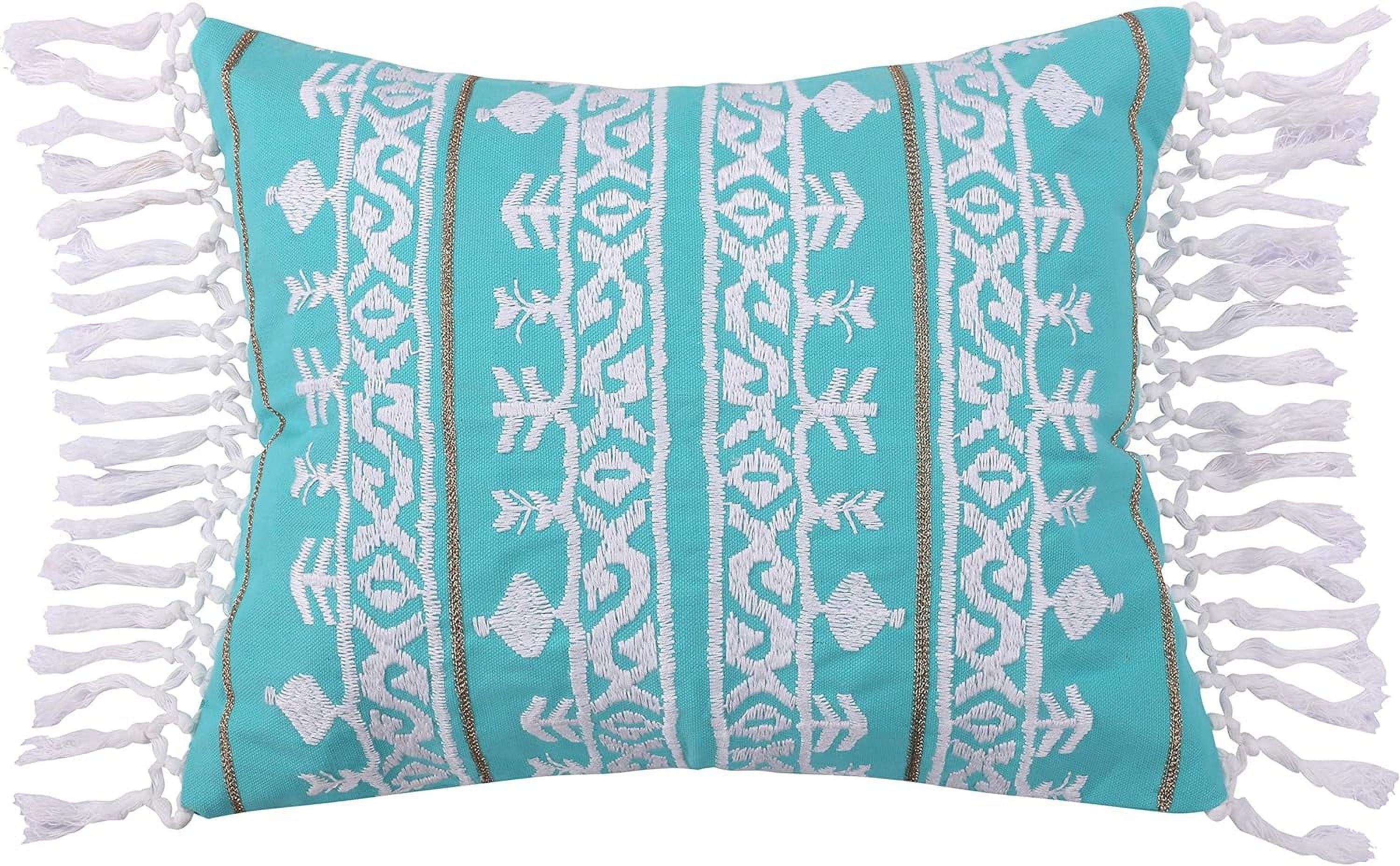 Teal and White Embroidered Cotton Rectangular Pillow