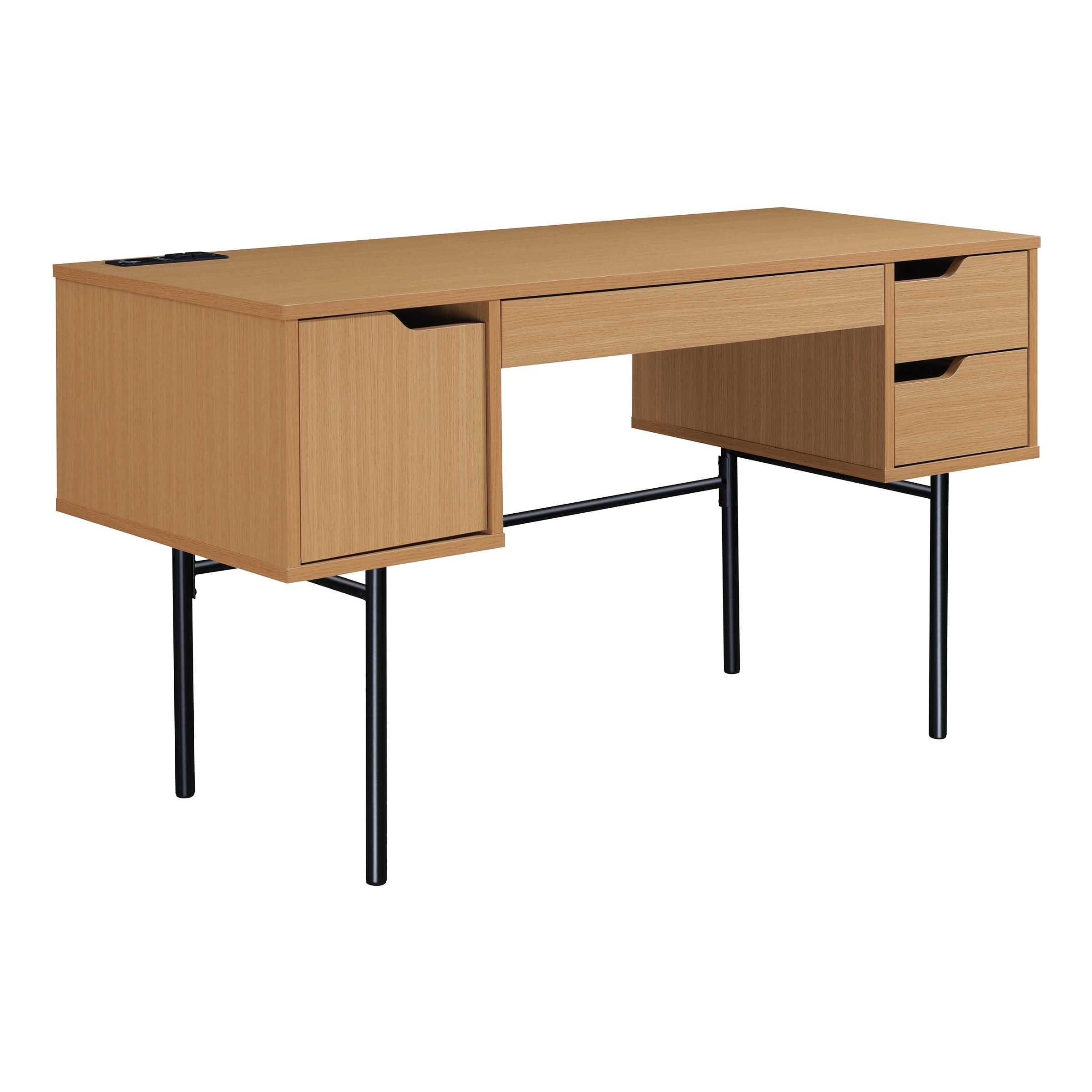 Natural Wood Executive Desk with Drawers and Power Port