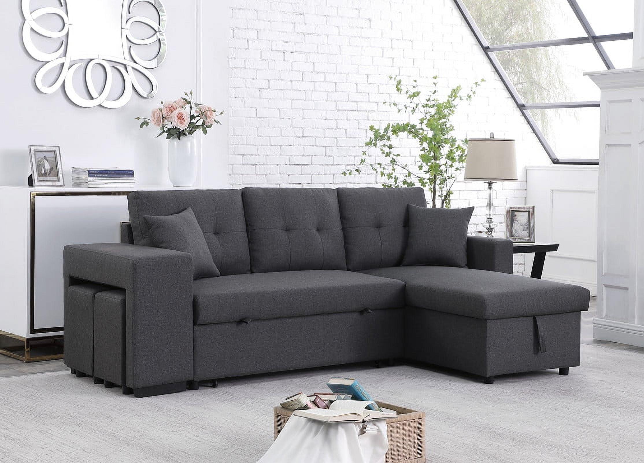 Dennis Dark Gray Linen Fabric Reversible Sleeper Sectional Storage Chaise Stools