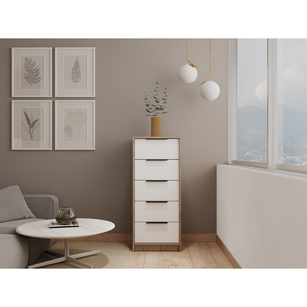 Egeo Vertical 5-Drawer Dresser in White & Light Oak