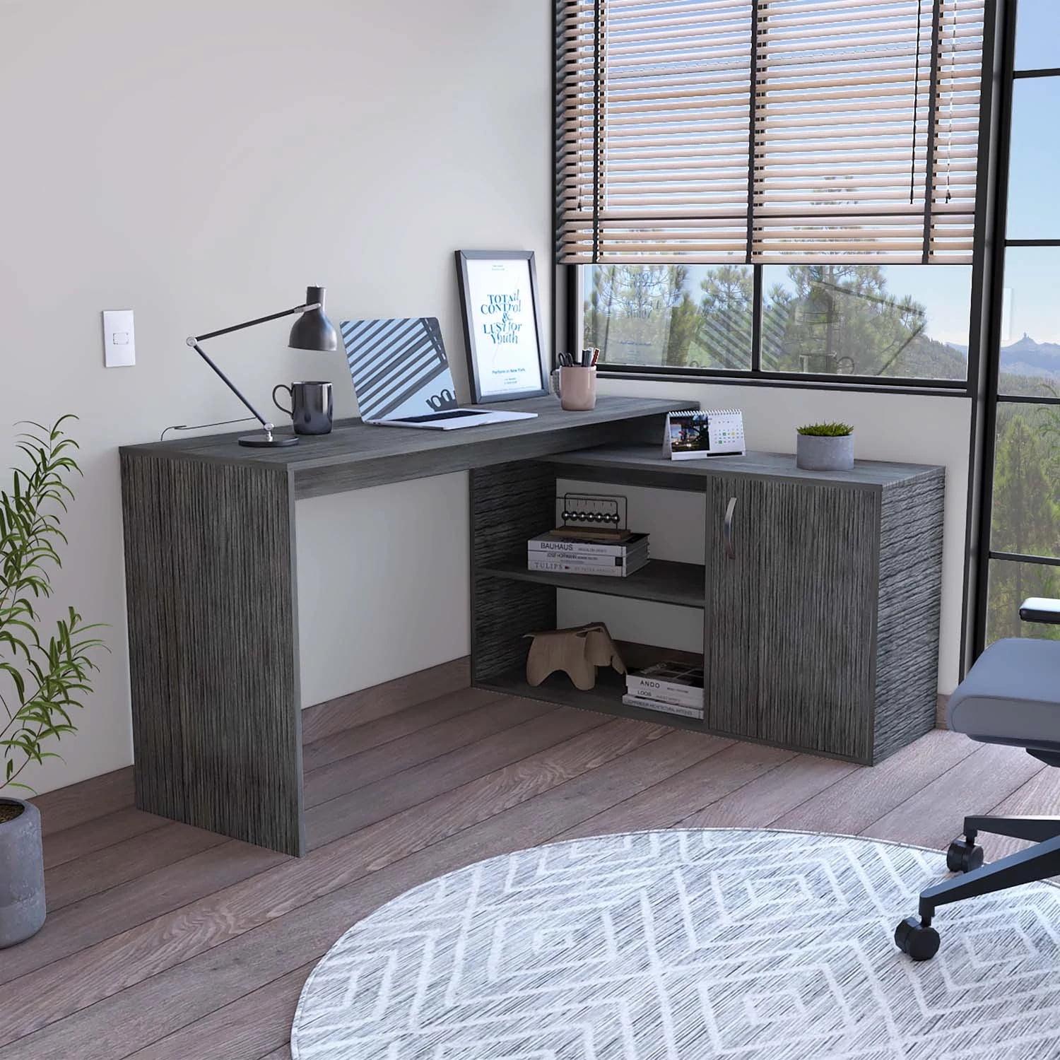 Boston Smoky Oak L-Shaped Home Office Desk with Filing Cabinet