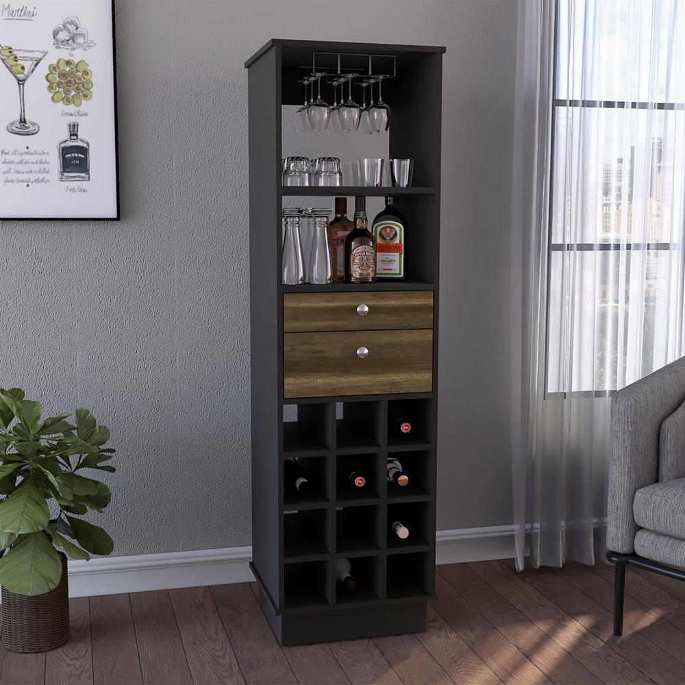 Zircon Black & Walnut Bar Cabinet with Glass Rack & Wine Cubbies