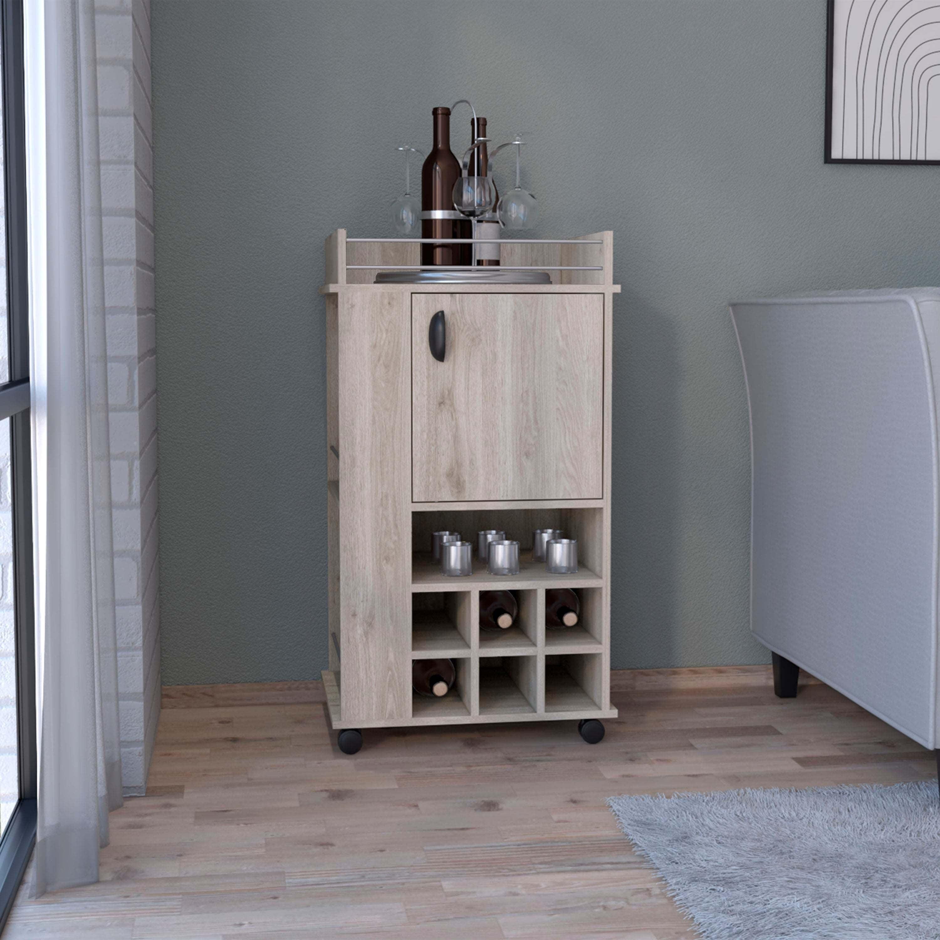 Depot EShop Fraser Engineered Wood Bar Cart with 6 Built-in Wine Rack in Gray