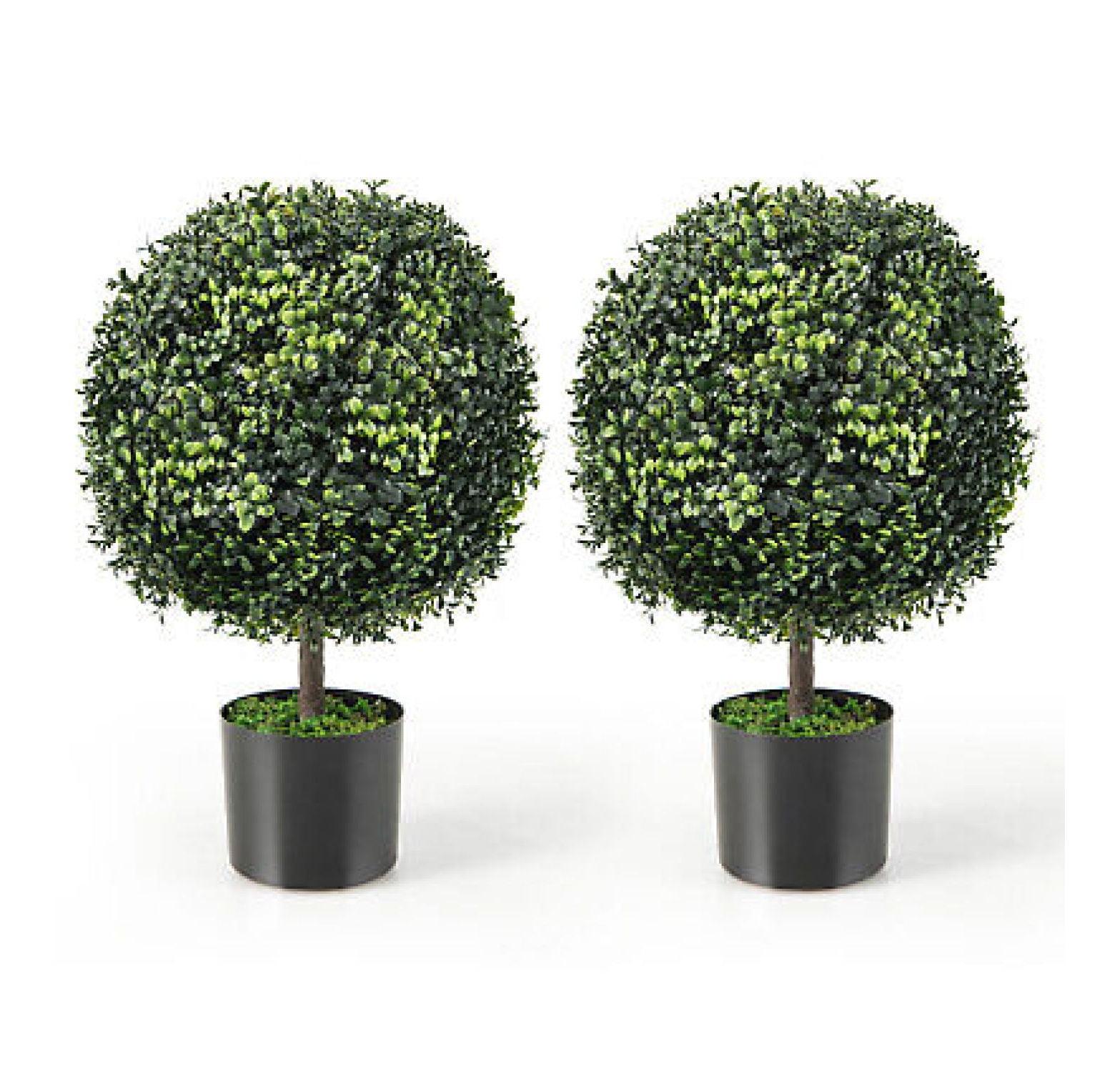 22’’ Faux Boxwood Topiary Ball Tree Set of 2, Artificial Plants Outdoor Weather Resistant, Cement-Filled Potted Bushes, Evergreen Topiary Trees Artificial for Porch Decoration Indoor Outdoor