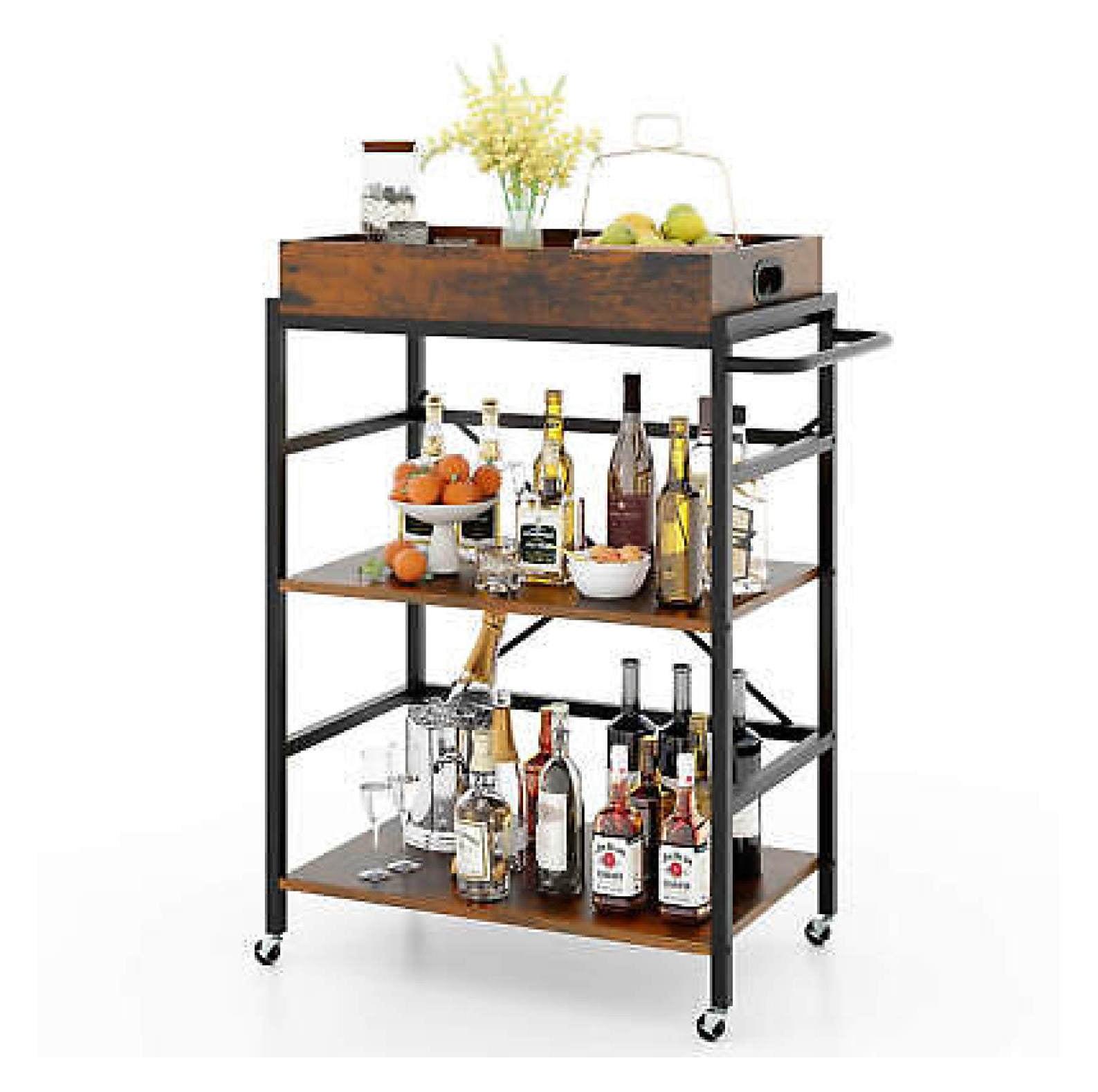 Costway 3-Tier Bar Cart with Detachable Tray 4 Lockable Casters & 1 Handy Handle