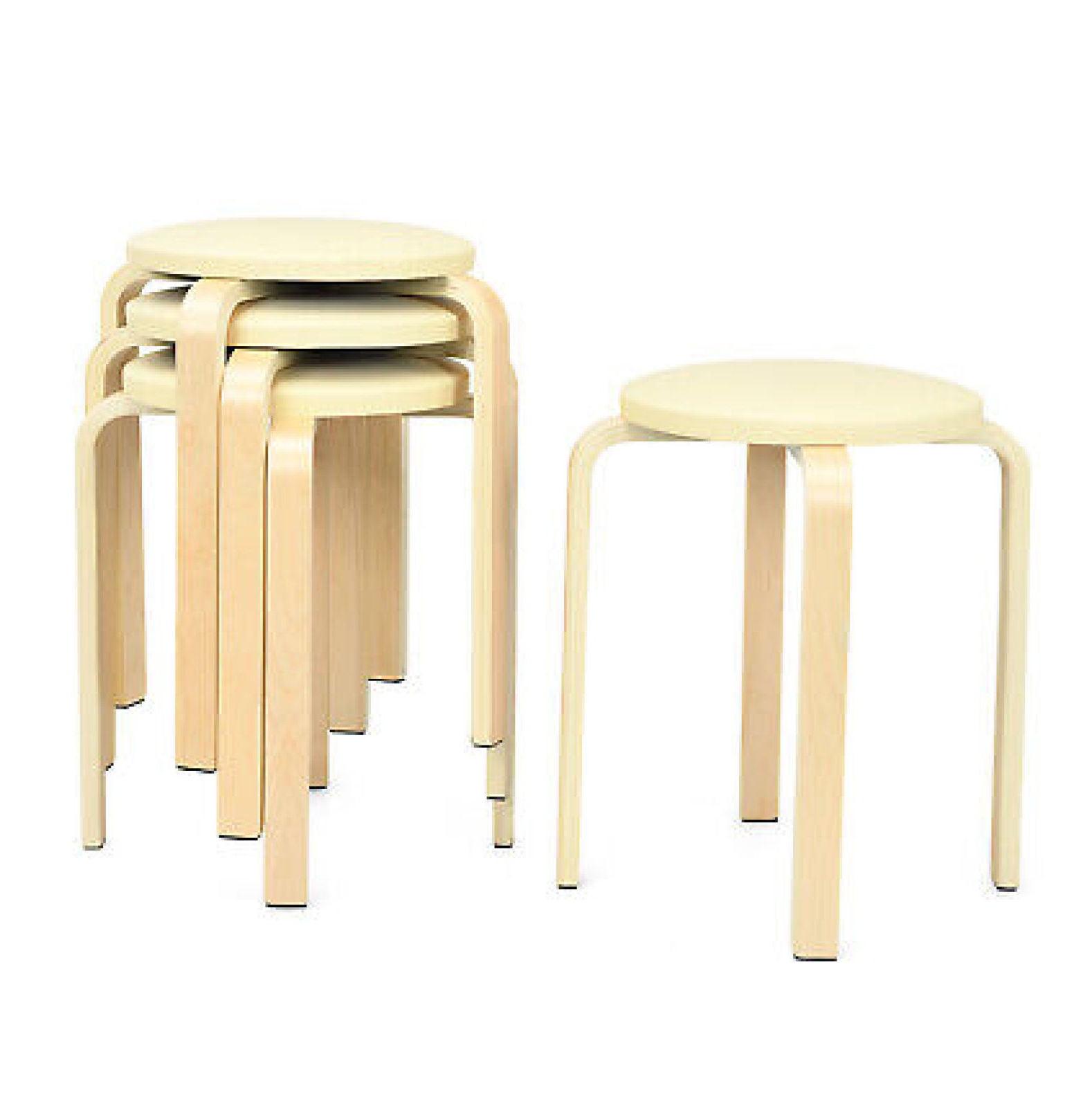 Beige Birch and PU Leather Stackable Bentwood Stools Set