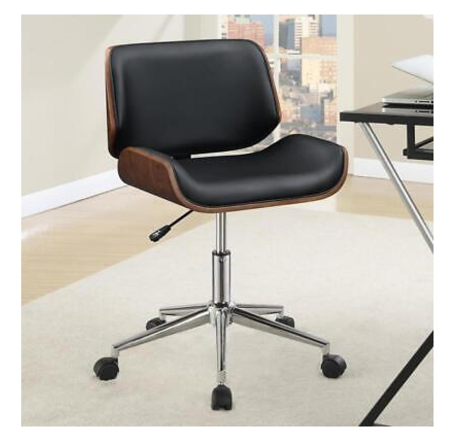 Black Leatherette Adjustable Swivel Office Chair with Walnut Accents